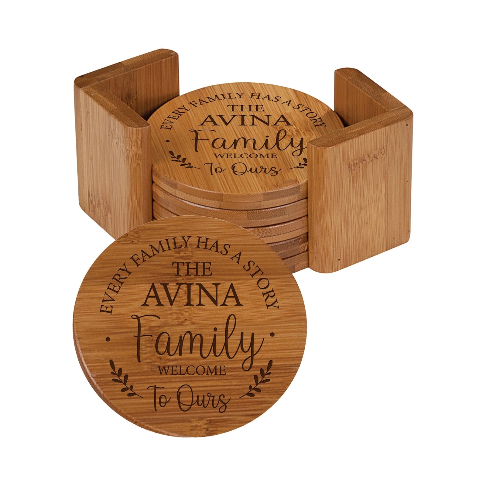 Personalized Family Home 6pc Solid Bamboo Coaster Set With Holder 4.5x4.5 – Every Family Has - LifeSong Milestones