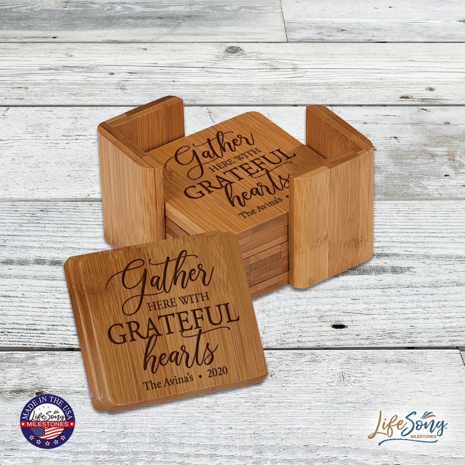 Personalized Family Home 6pc Solid Bamboo Coaster Set With Holder 4.5x4.5 – Gather Here With - LifeSong Milestones