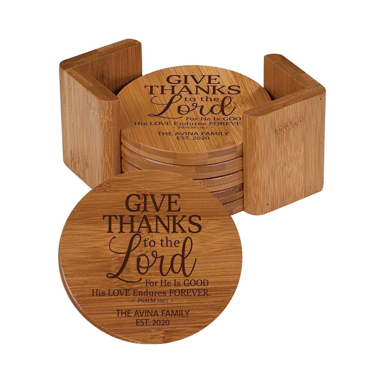 Personalized Family Home 6pc Solid Bamboo Coaster Set With Holder 4.5x4.5 – Give Thanks - LifeSong Milestones