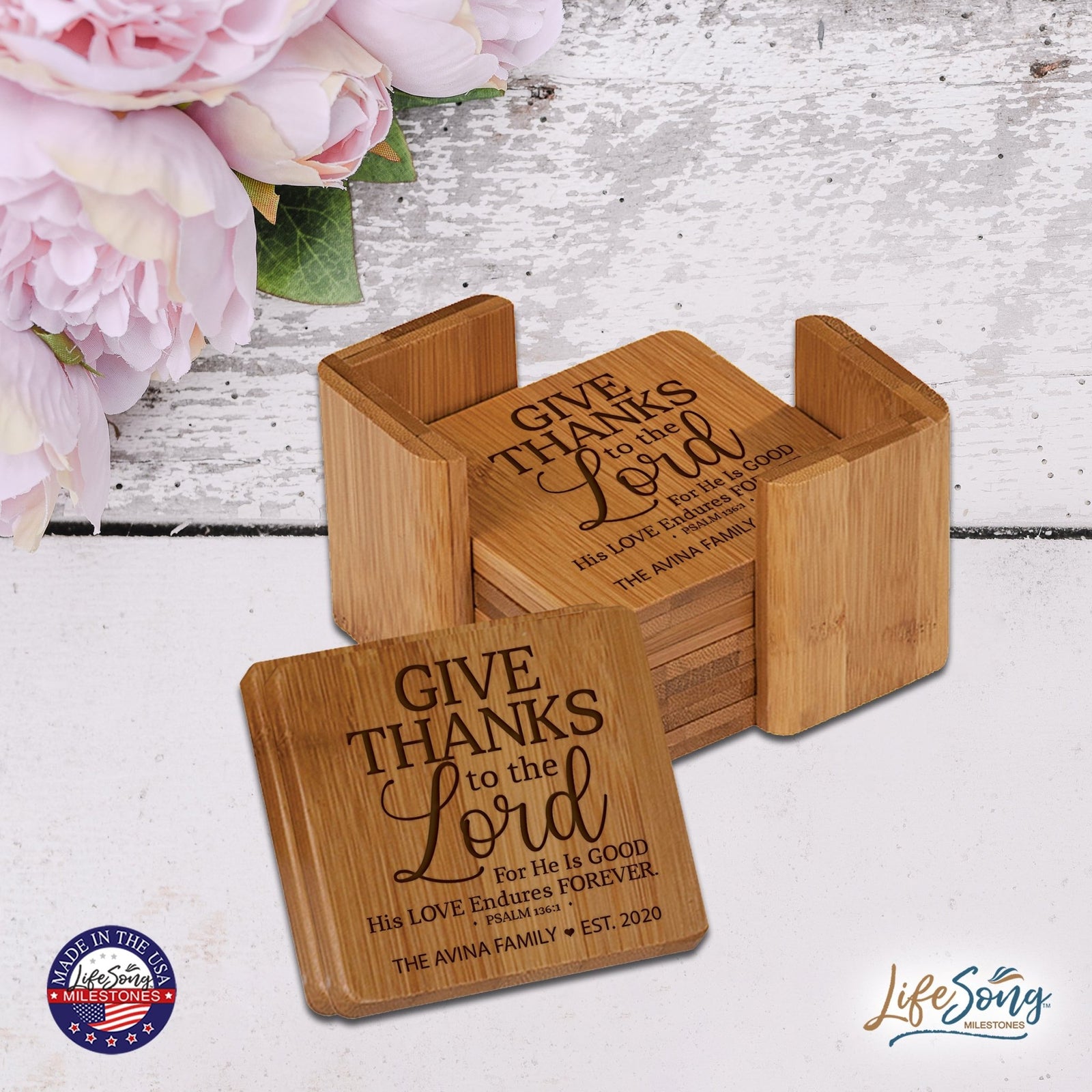 Personalized Family Home 6pc Solid Bamboo Coaster Set With Holder 4.5x4.5 – Give Thanks - LifeSong Milestones