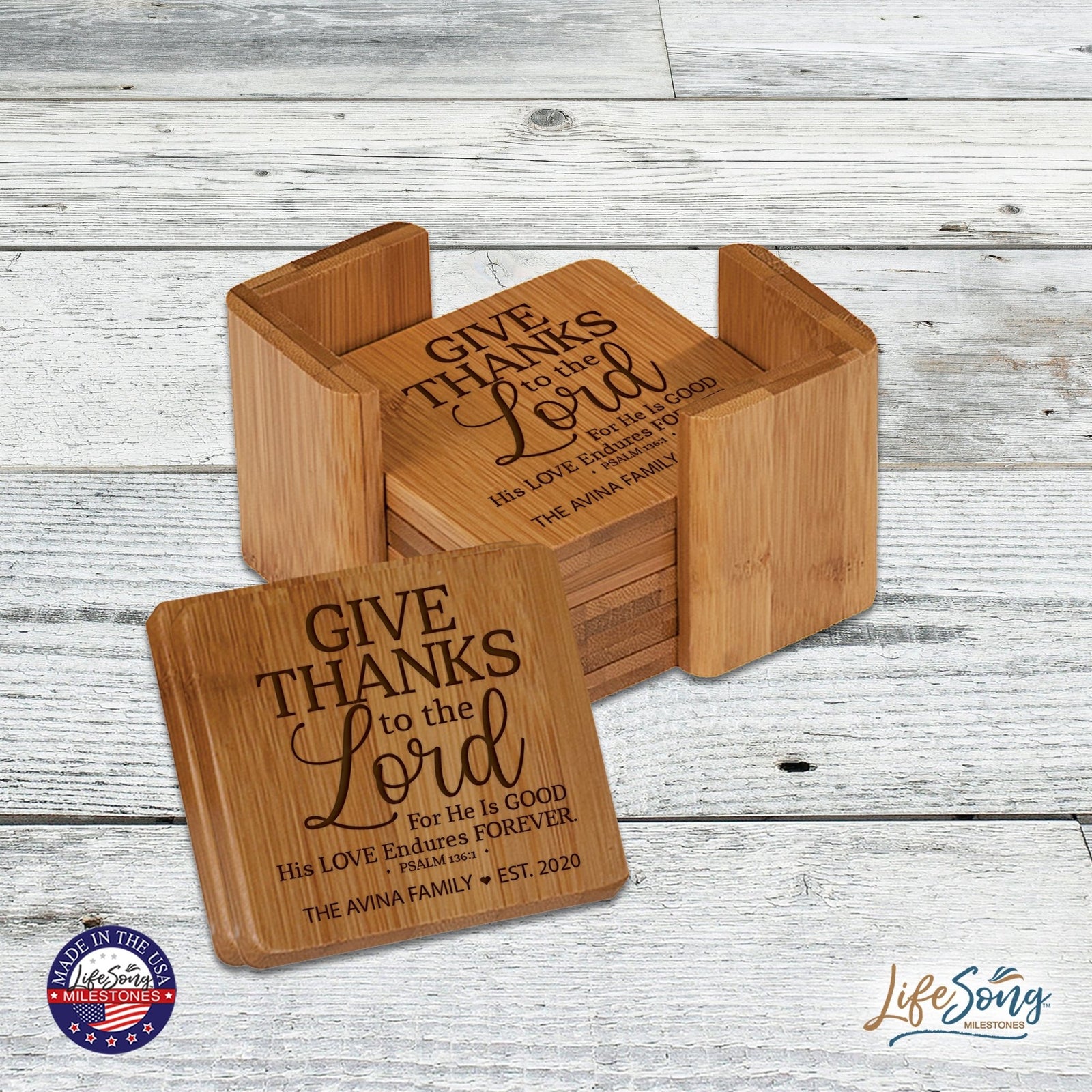 Personalized Family Home 6pc Solid Bamboo Coaster Set With Holder 4.5x4.5 – Give Thanks - LifeSong Milestones