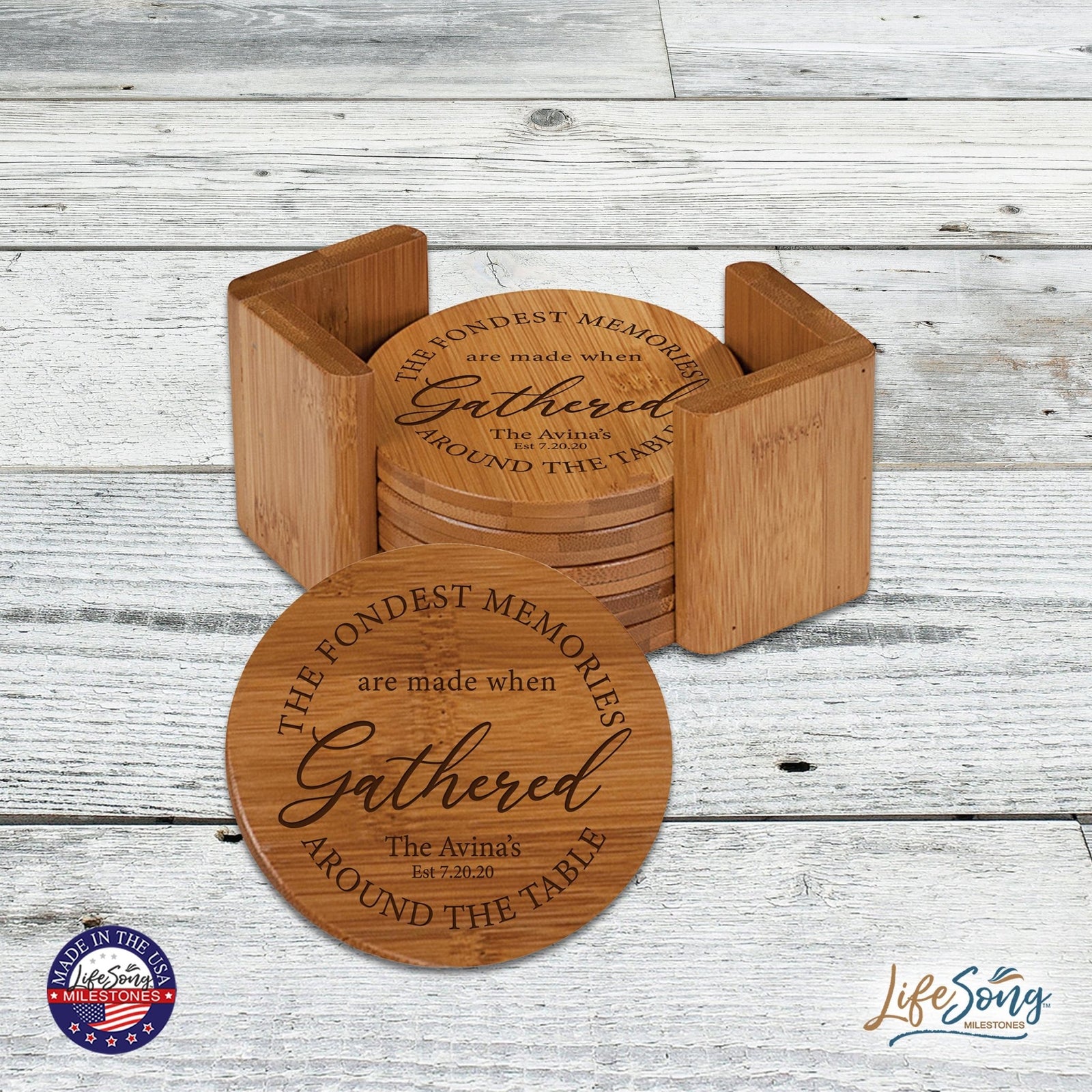 Personalized Family Home 6pc Solid Bamboo Coaster Set With Holder 4.5x4.5 – The Fondest Memories - LifeSong Milestones