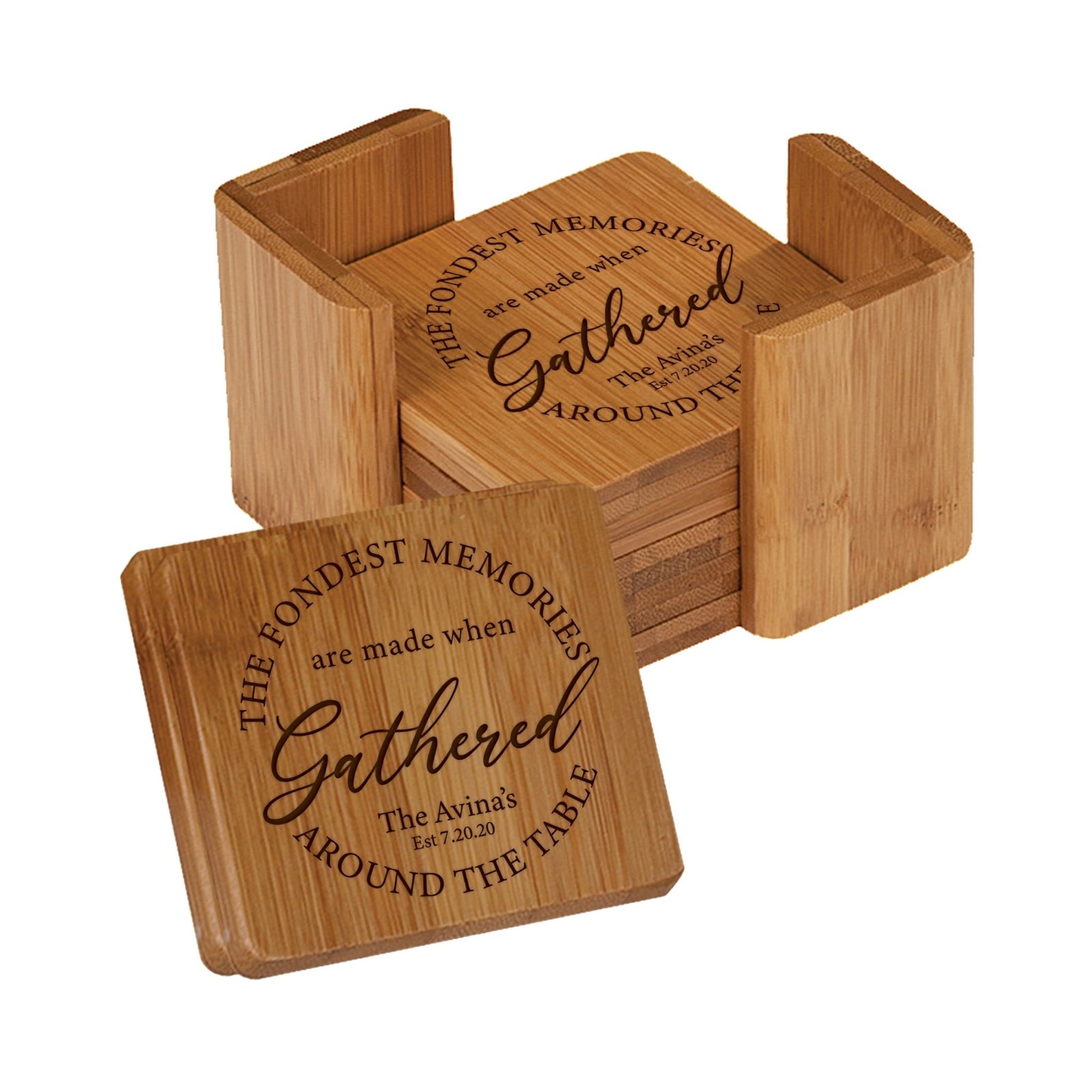 Personalized Family Home 6pc Solid Bamboo Coaster Set With Holder 4.5x4.5 – The Fondest Memories - LifeSong Milestones