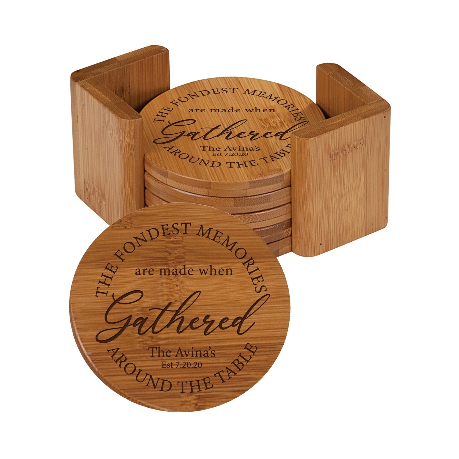 Personalized Family Home 6pc Solid Bamboo Coaster Set With Holder 4.5x4.5 – The Fondest Memories - LifeSong Milestones