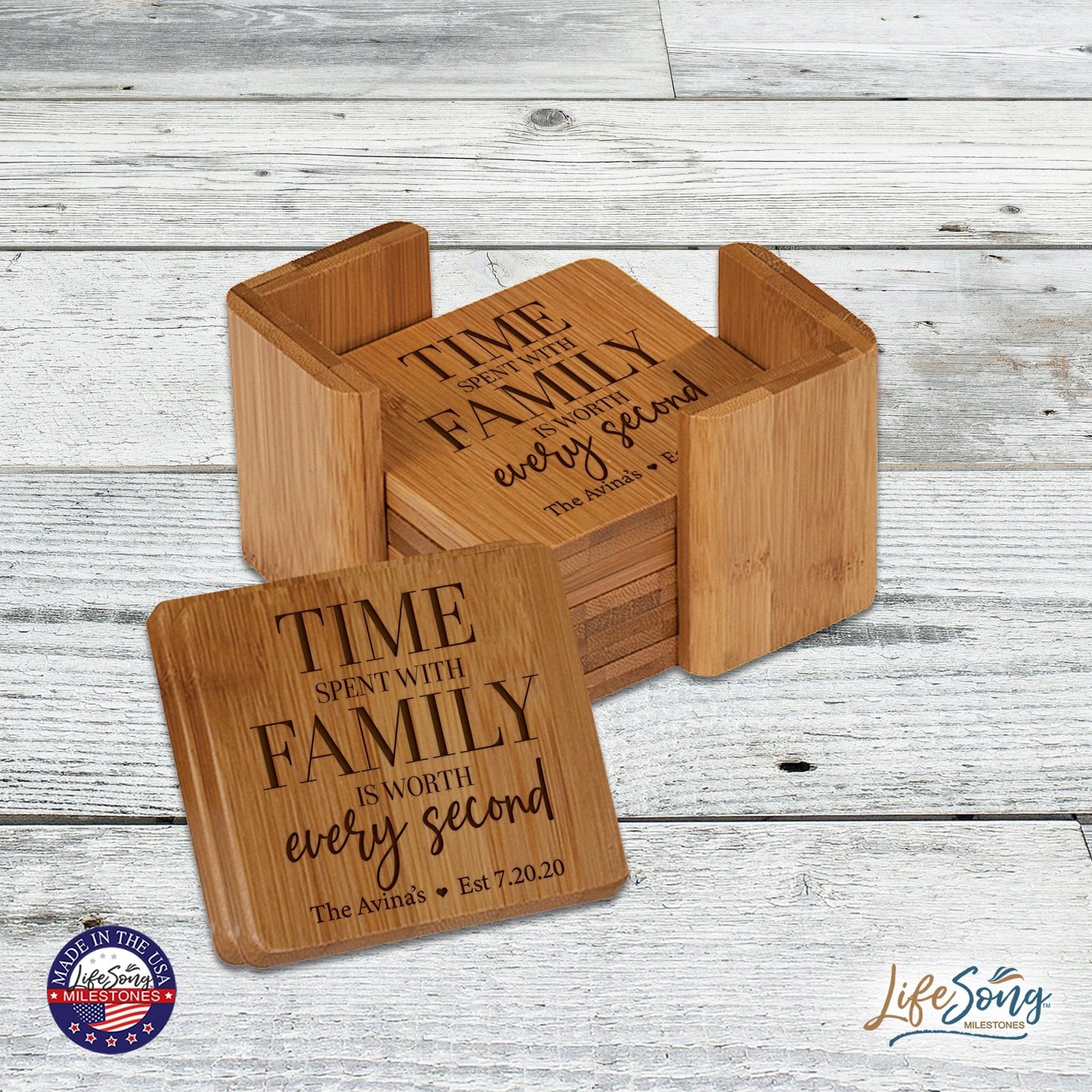 Personalized Family Home 6pc Solid Bamboo Coaster Set With Holder 4.5x4.5 – Time Spent With - LifeSong Milestones