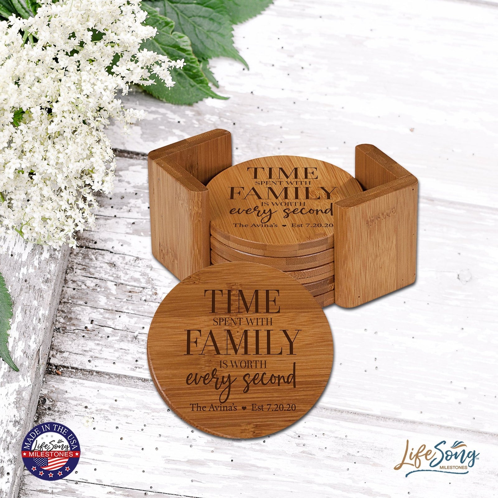 Personalized Family Home 6pc Solid Bamboo Coaster Set With Holder 4.5x4.5 – Time Spent With - LifeSong Milestones