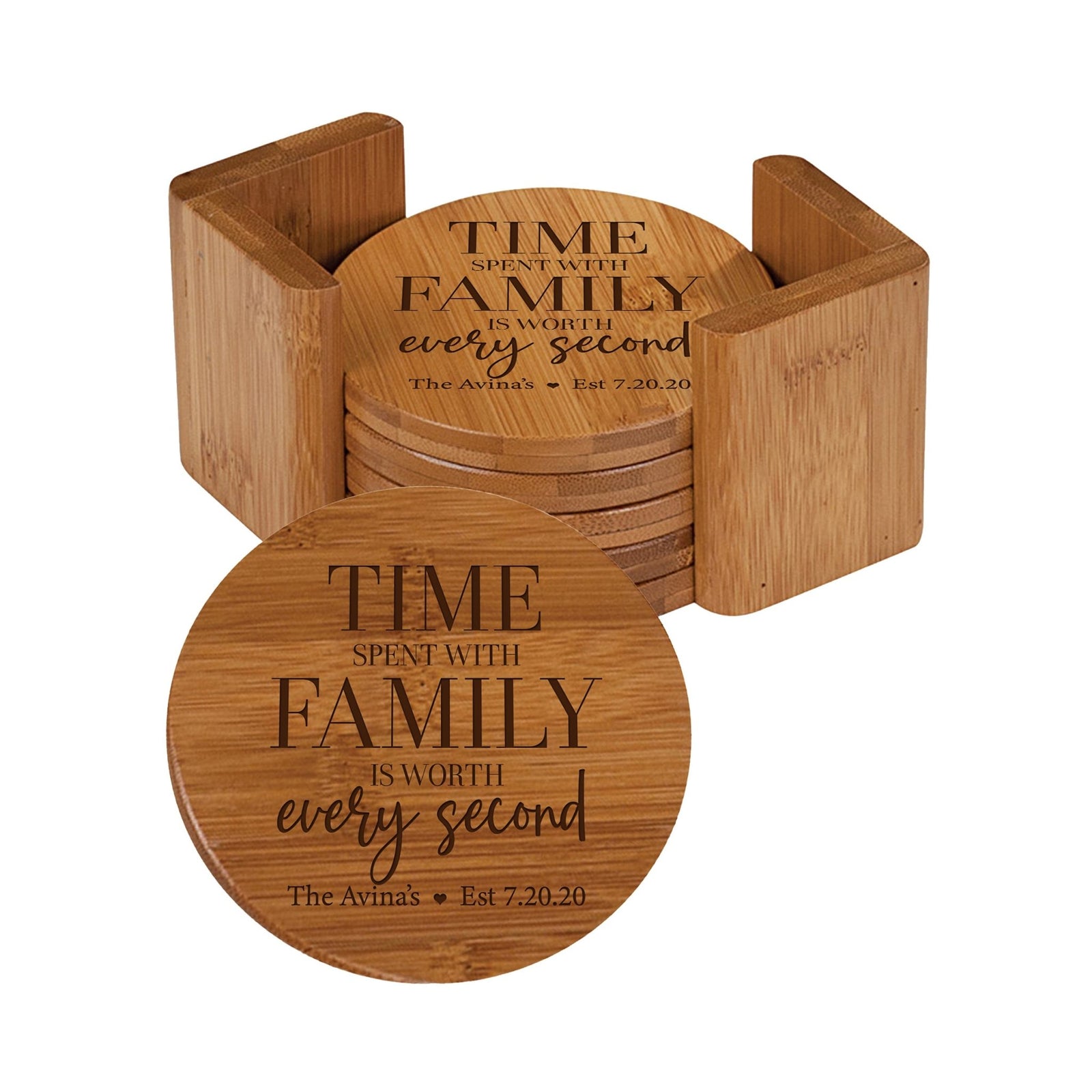 Personalized Family Home 6pc Solid Bamboo Coaster Set With Holder 4.5x4.5 – Time Spent With - LifeSong Milestones