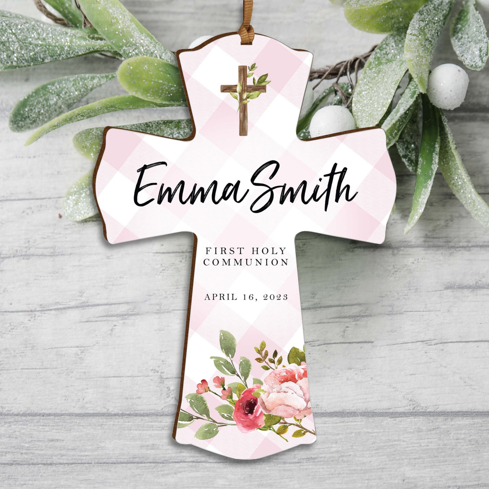 Personalized First Holy Communion Wooden Hanging Mini Cross - LifeSong Milestones