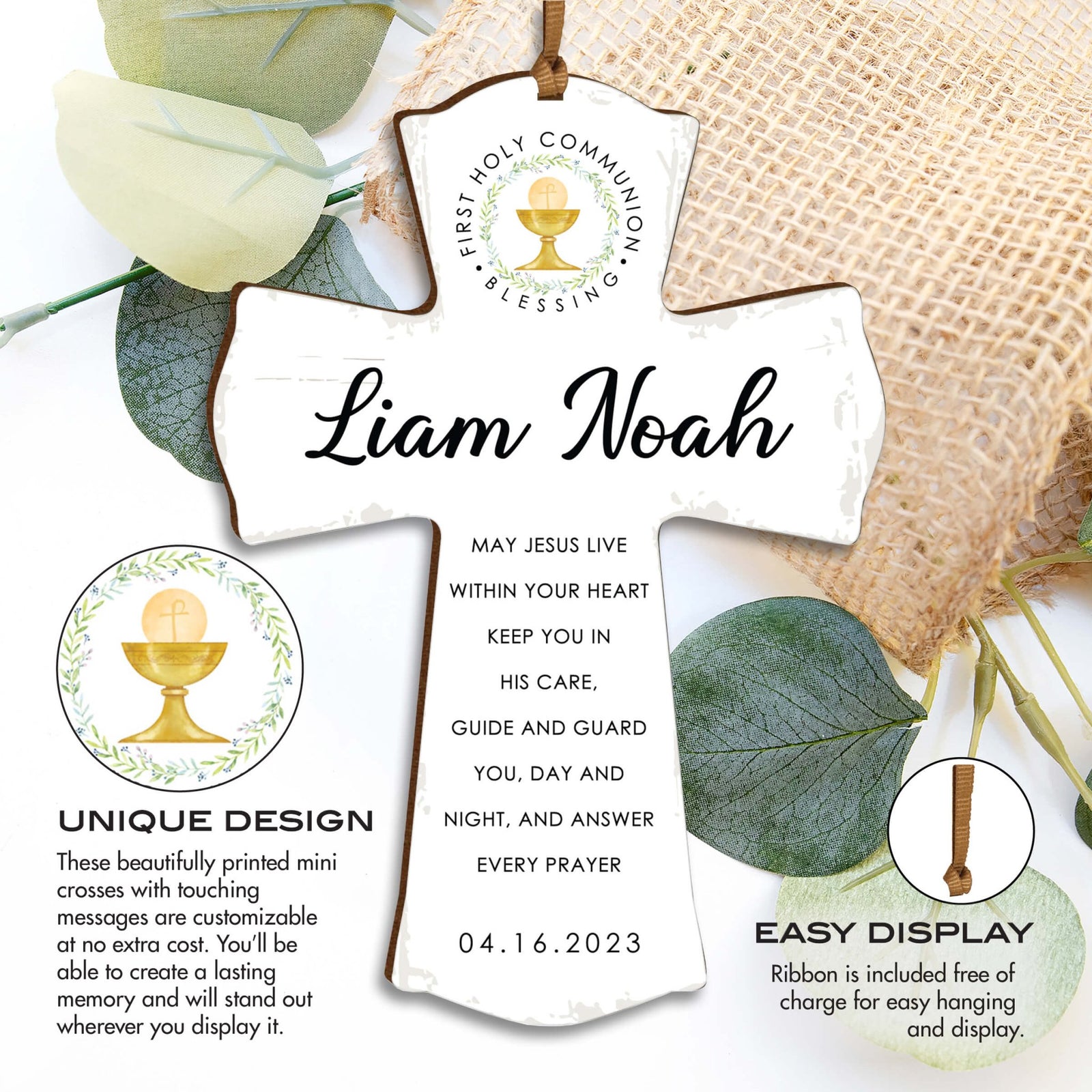 Personalized First Holy Communion Wooden Hanging Mini Cross - LifeSong Milestones