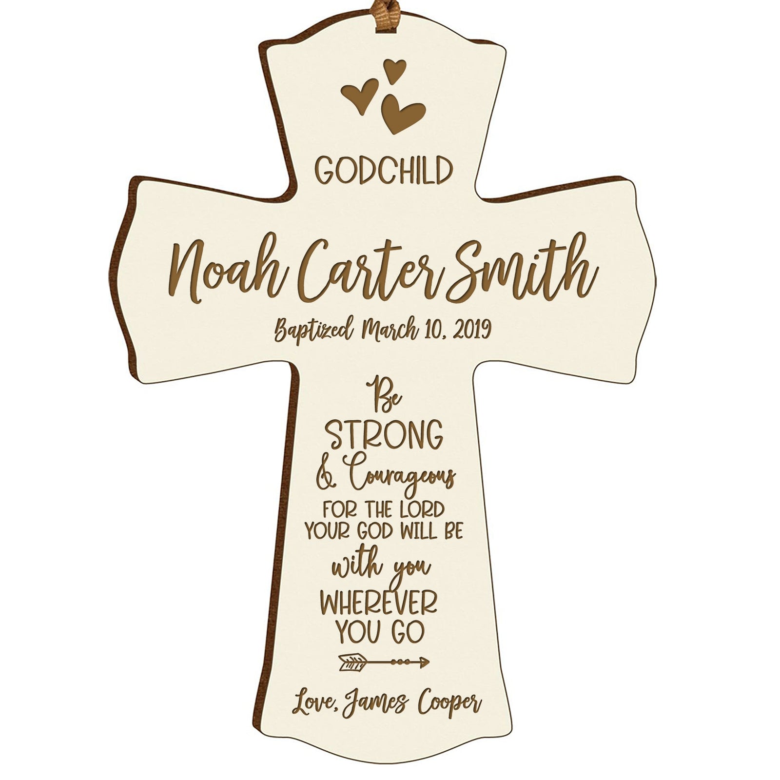 Personalized Godchild Baptism Cross for Boys Girls Strong & Courageous - LifeSong Milestones