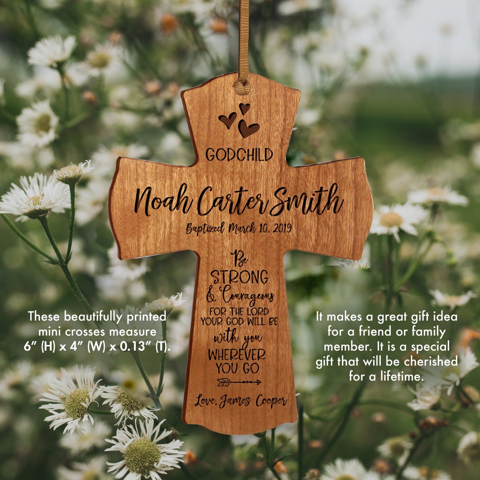 Personalized Godchild Baptism Cross for Boys Girls Strong & Courageous - LifeSong Milestones