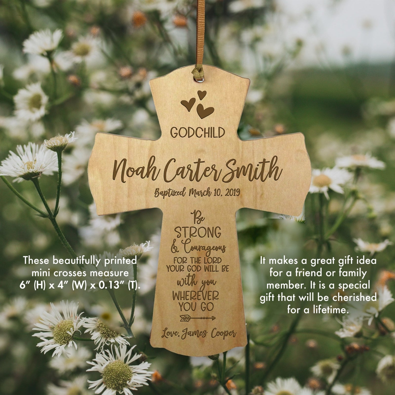 Personalized Godchild Baptism Cross for Boys Girls Strong & Courageous - LifeSong Milestones