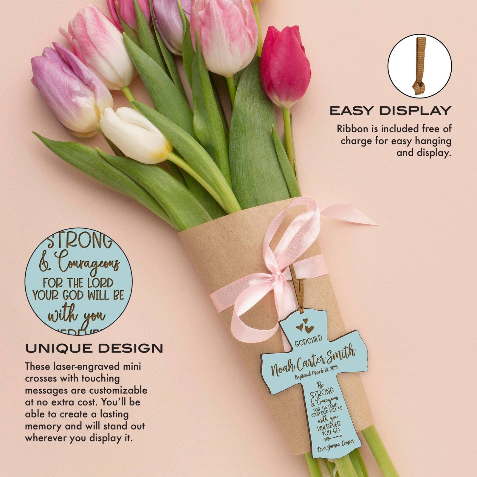 Personalized Godchild Baptism Cross for Boys Girls Strong & Courageous - LifeSong Milestones