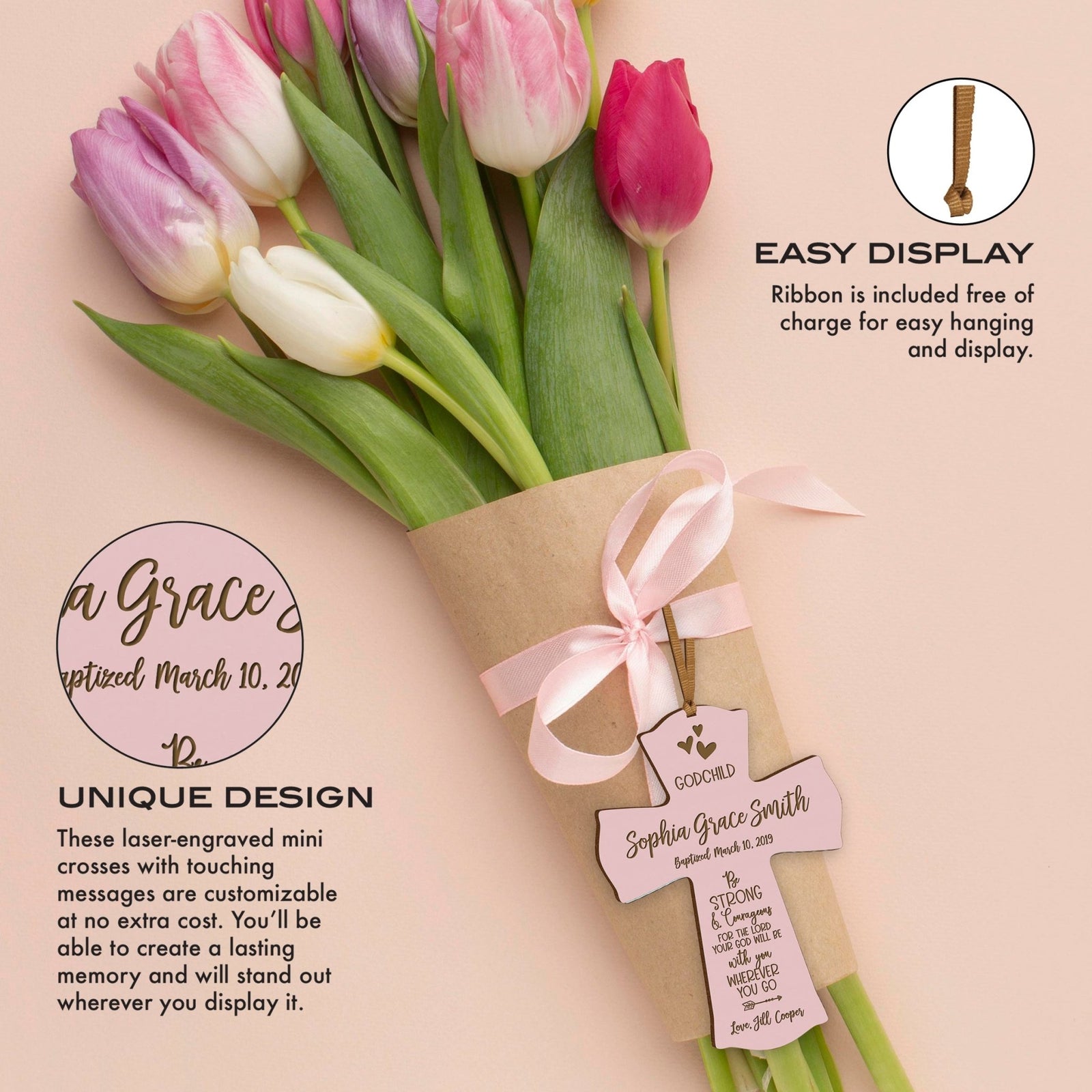 Personalized Godchild Baptism Cross for Boys Girls Strong & Courageous - LifeSong Milestones