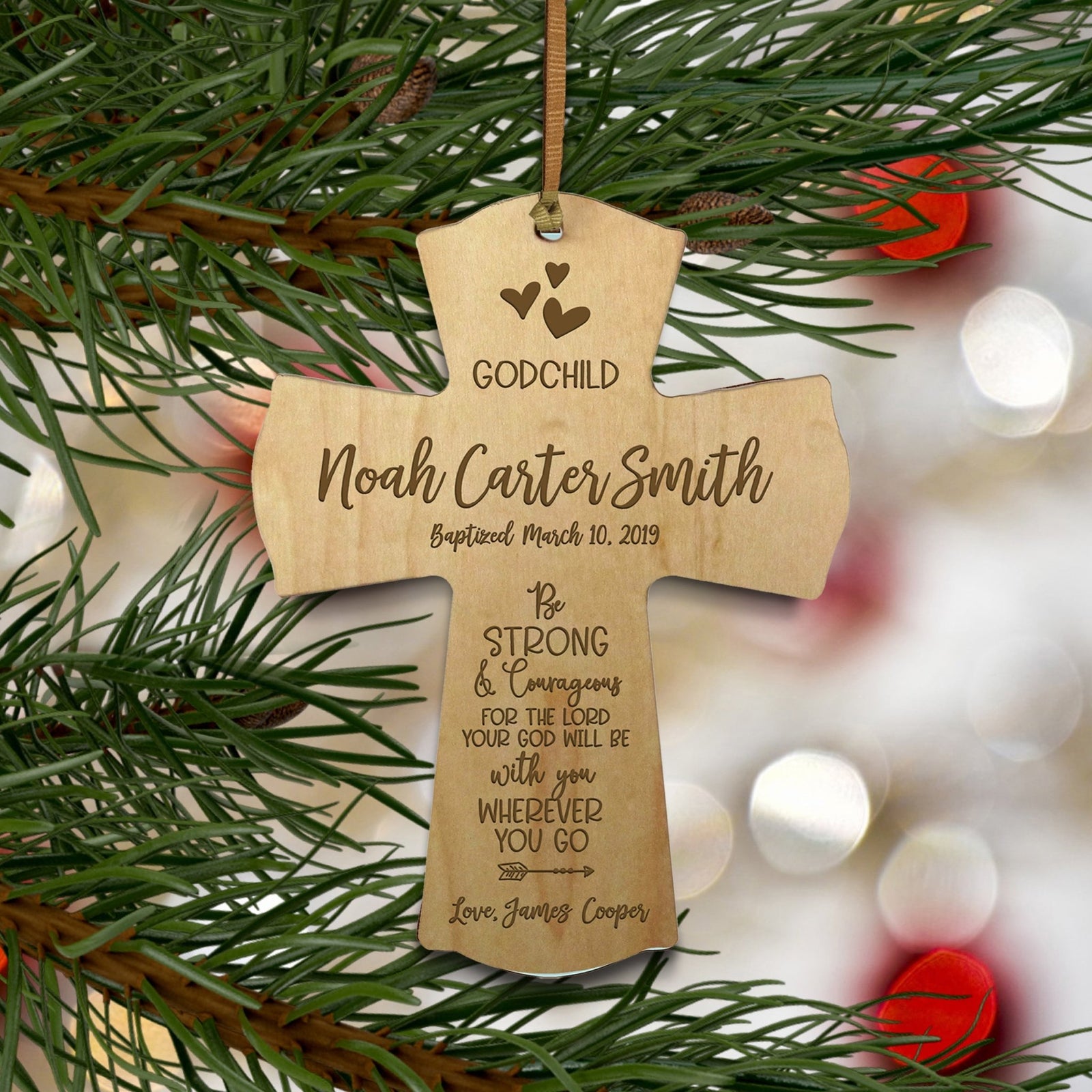 Personalized Godchild Baptism Cross for Boys Girls Strong & Courageous - LifeSong Milestones