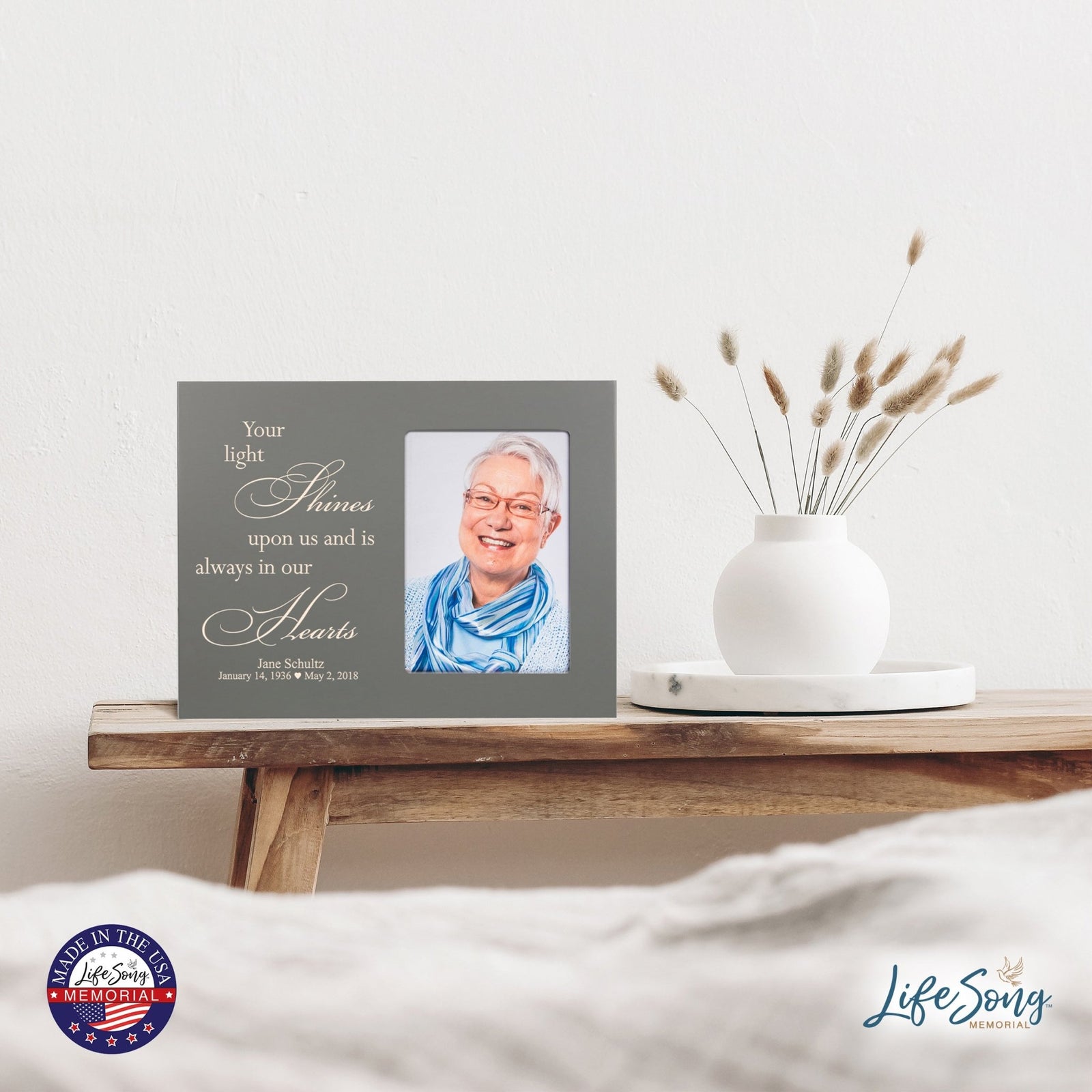 Personalized Horizontal 8x10 Wooden Memorial Picture Frame Holds 4x6 Photo - Your Light Shines - LifeSong Milestones