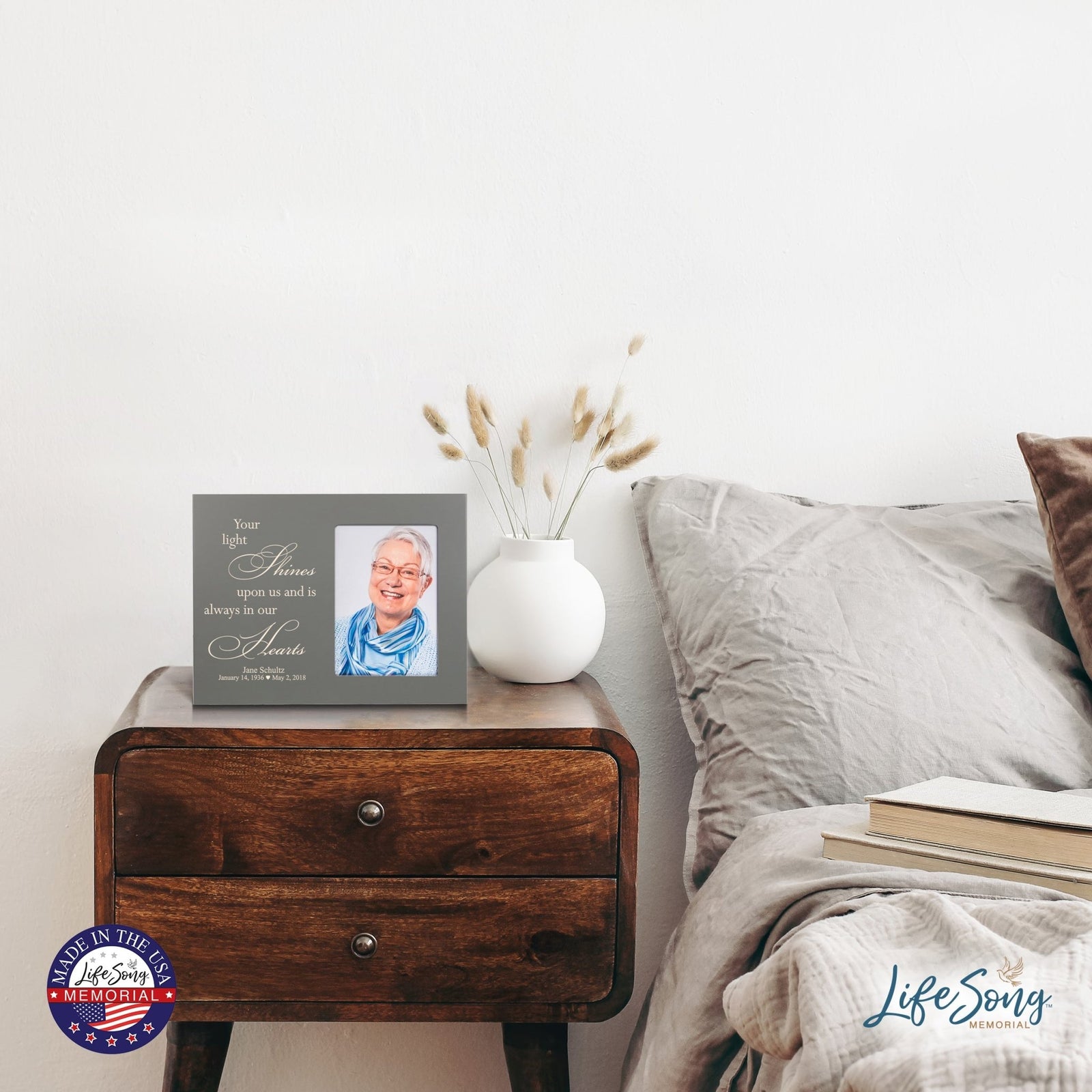 Personalized Horizontal 8x10 Wooden Memorial Picture Frame Holds 4x6 Photo - Your Light Shines - LifeSong Milestones