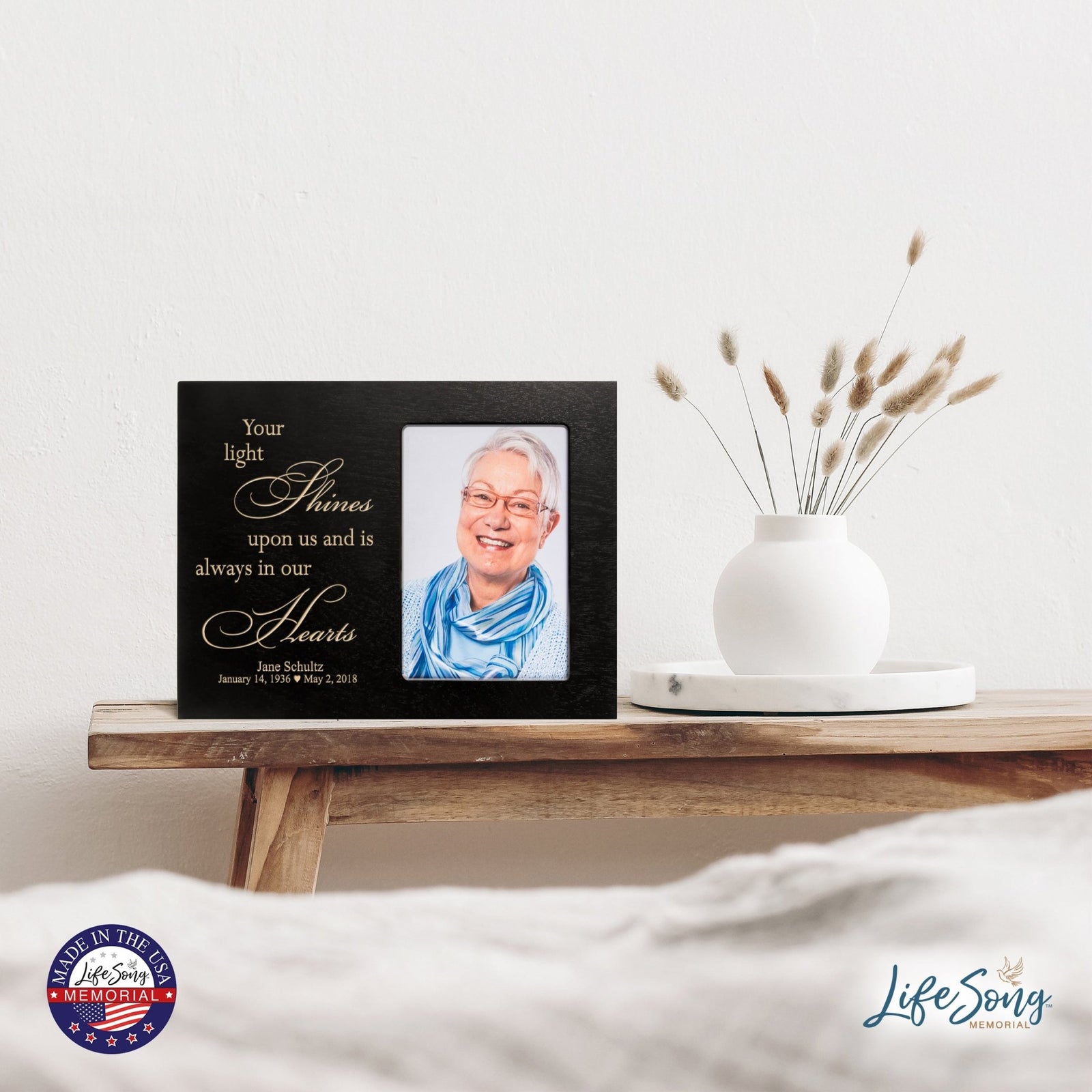 Personalized Horizontal 8x10 Wooden Memorial Picture Frame Holds 4x6 Photo - Your Light Shines - LifeSong Milestones