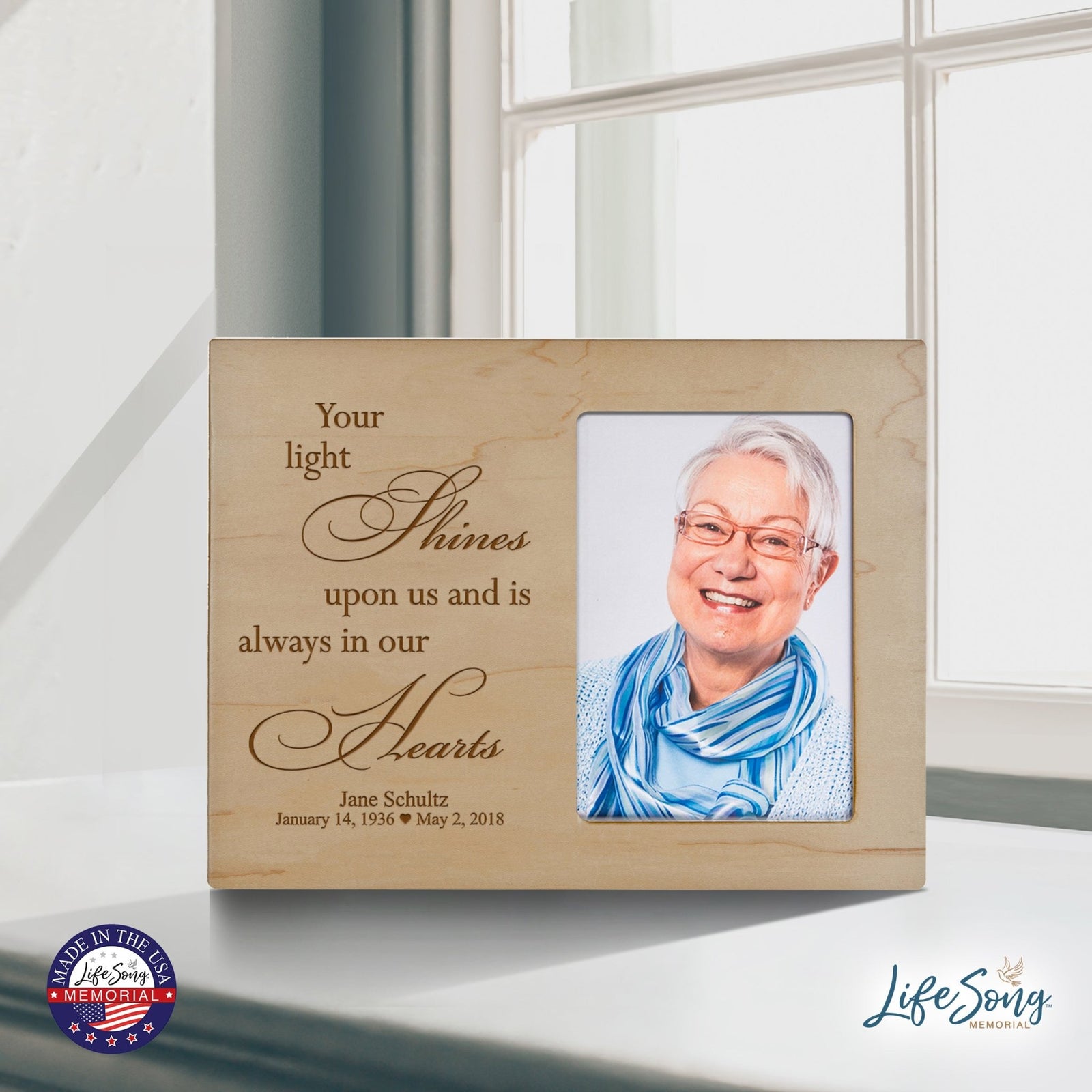 Personalized Horizontal 8x10 Wooden Memorial Picture Frame Holds 4x6 Photo - Your Light Shines - LifeSong Milestones
