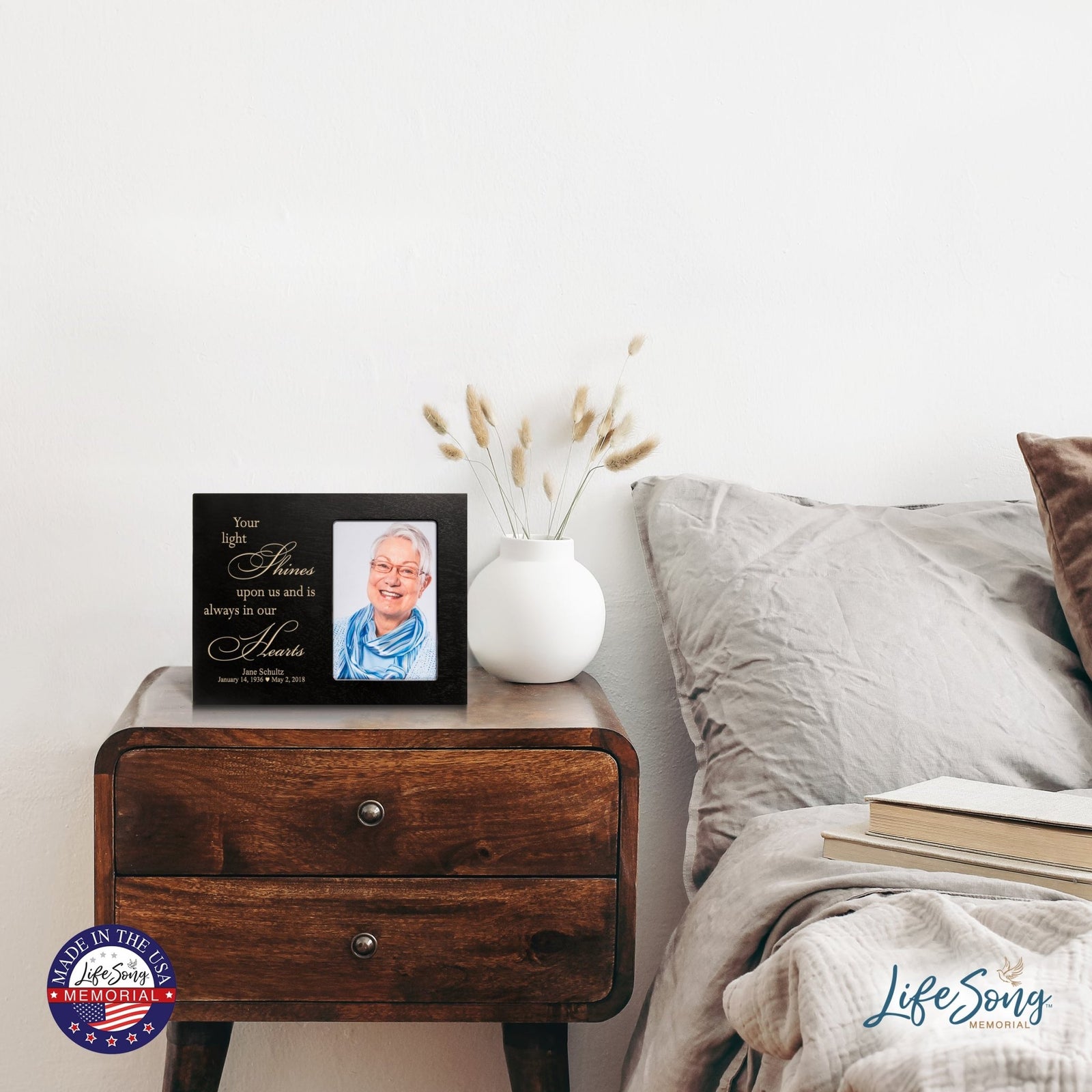 Personalized Horizontal 8x10 Wooden Memorial Picture Frame Holds 4x6 Photo - Your Light Shines - LifeSong Milestones