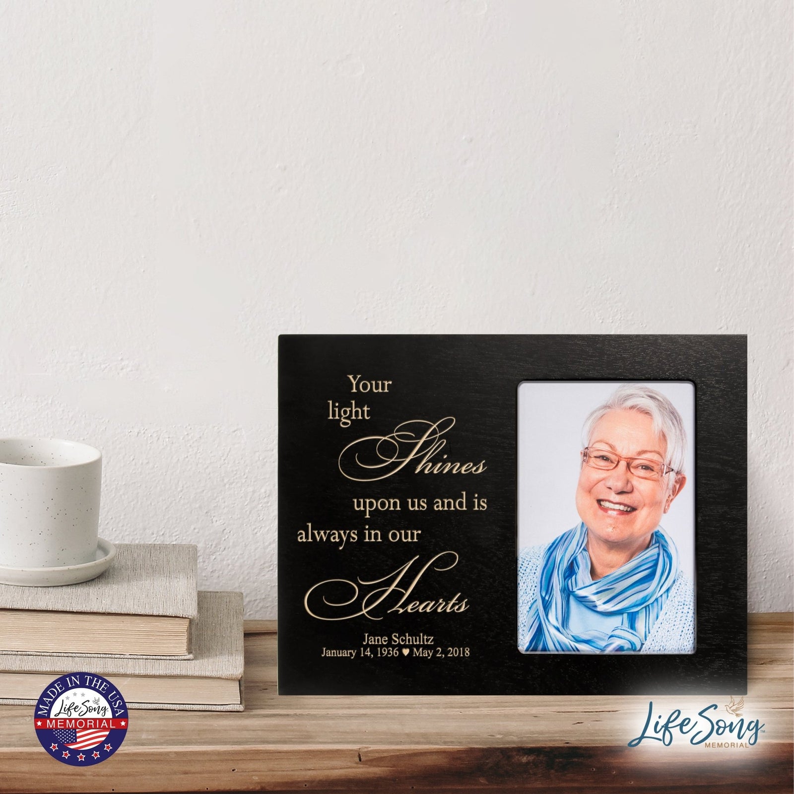 Personalized Horizontal 8x10 Wooden Memorial Picture Frame Holds 4x6 Photo - Your Light Shines - LifeSong Milestones