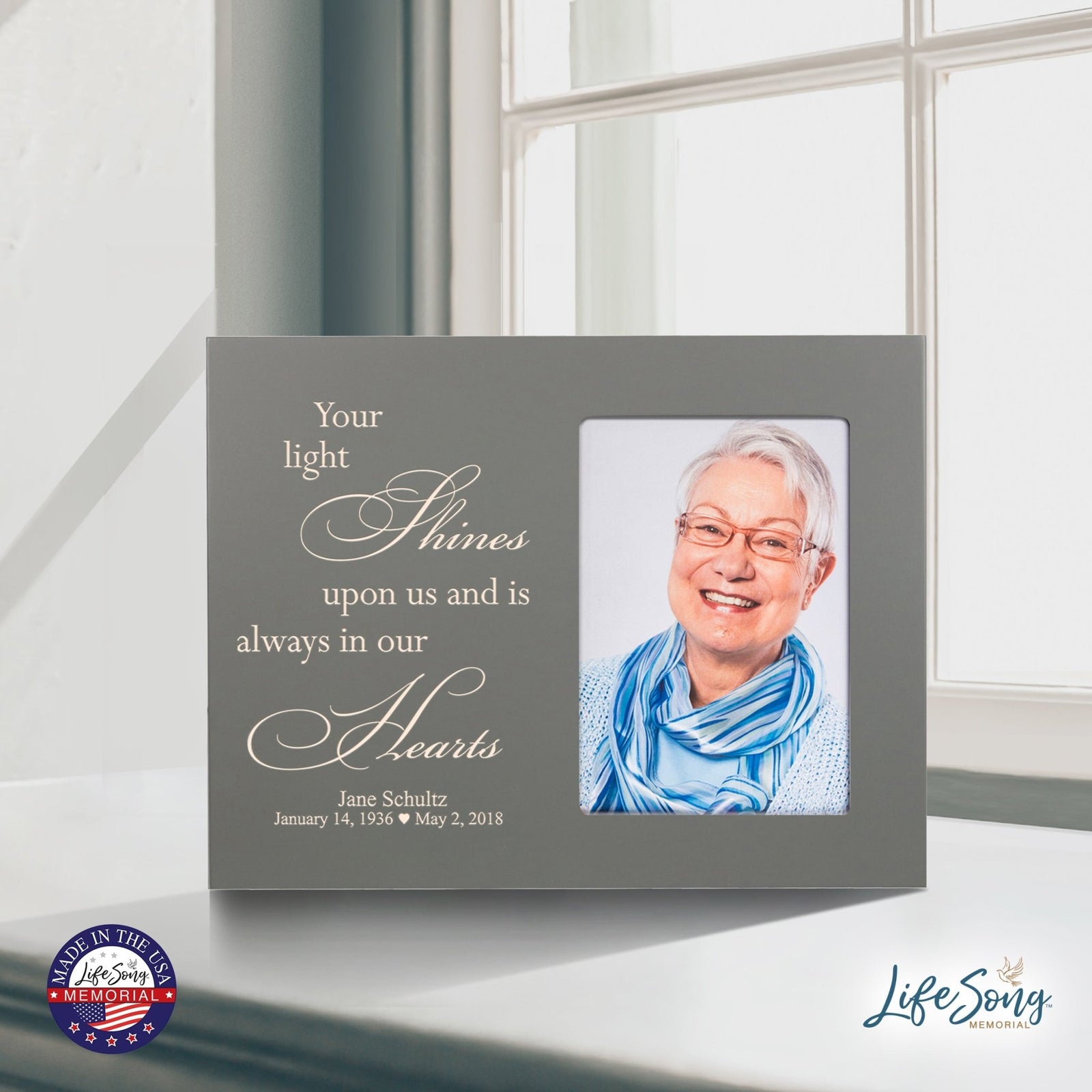 Personalized Horizontal 8x10 Wooden Memorial Picture Frame Holds 4x6 Photo - Your Light Shines - LifeSong Milestones