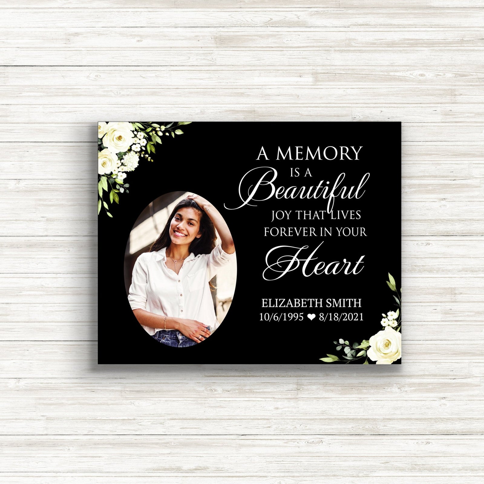 Personalized Human Memorial Black Photo & Inspirational Verse Bereavement Wall Décor & Sympathy Gift Ideas - A Memory Is A Beautiful - LifeSong Milestones