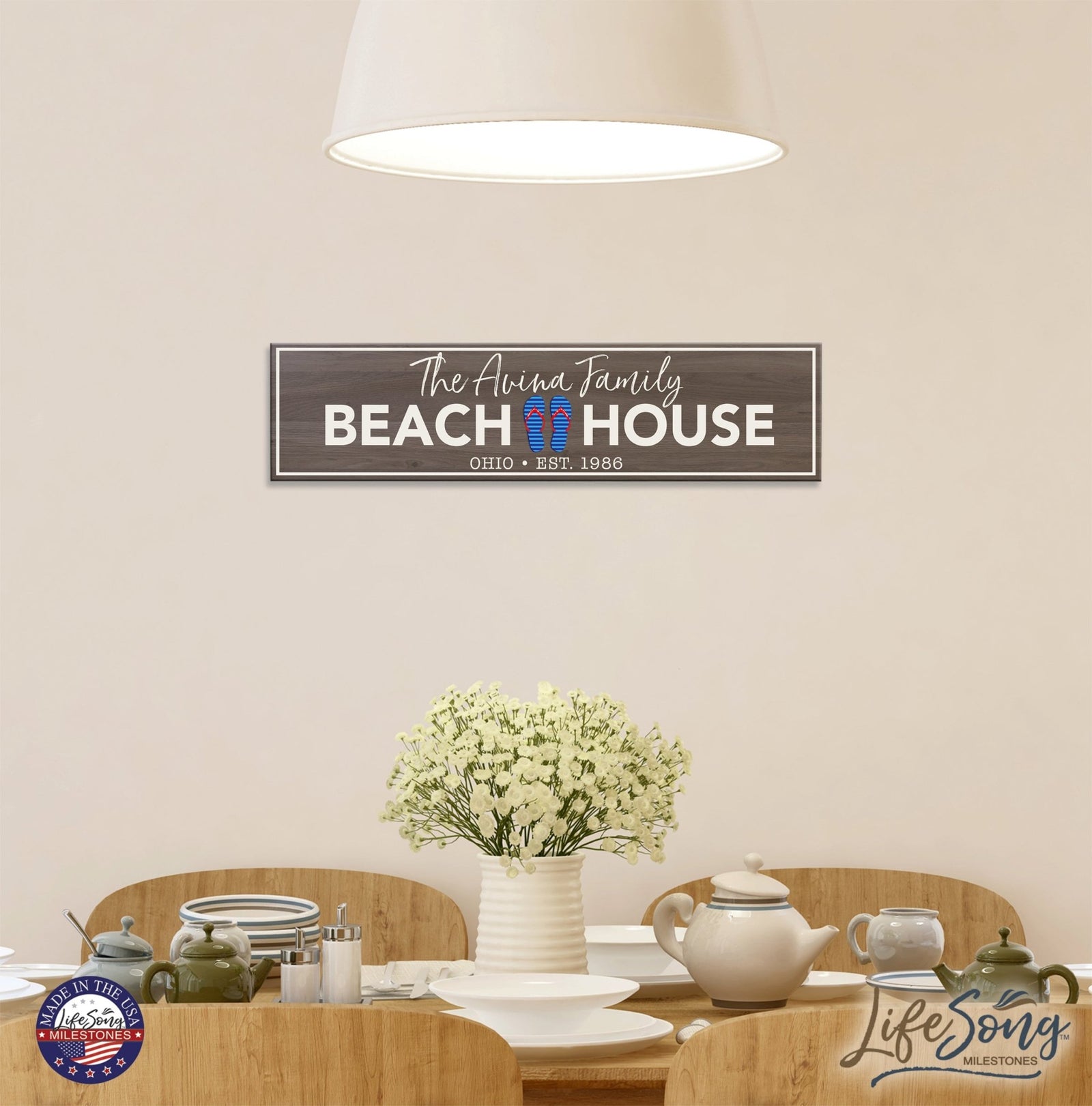 Personalized Inspirational Modern Family Beach House Wooden Wall Plaque 10x40 – Beach House (Slippers) - LifeSong Milestones