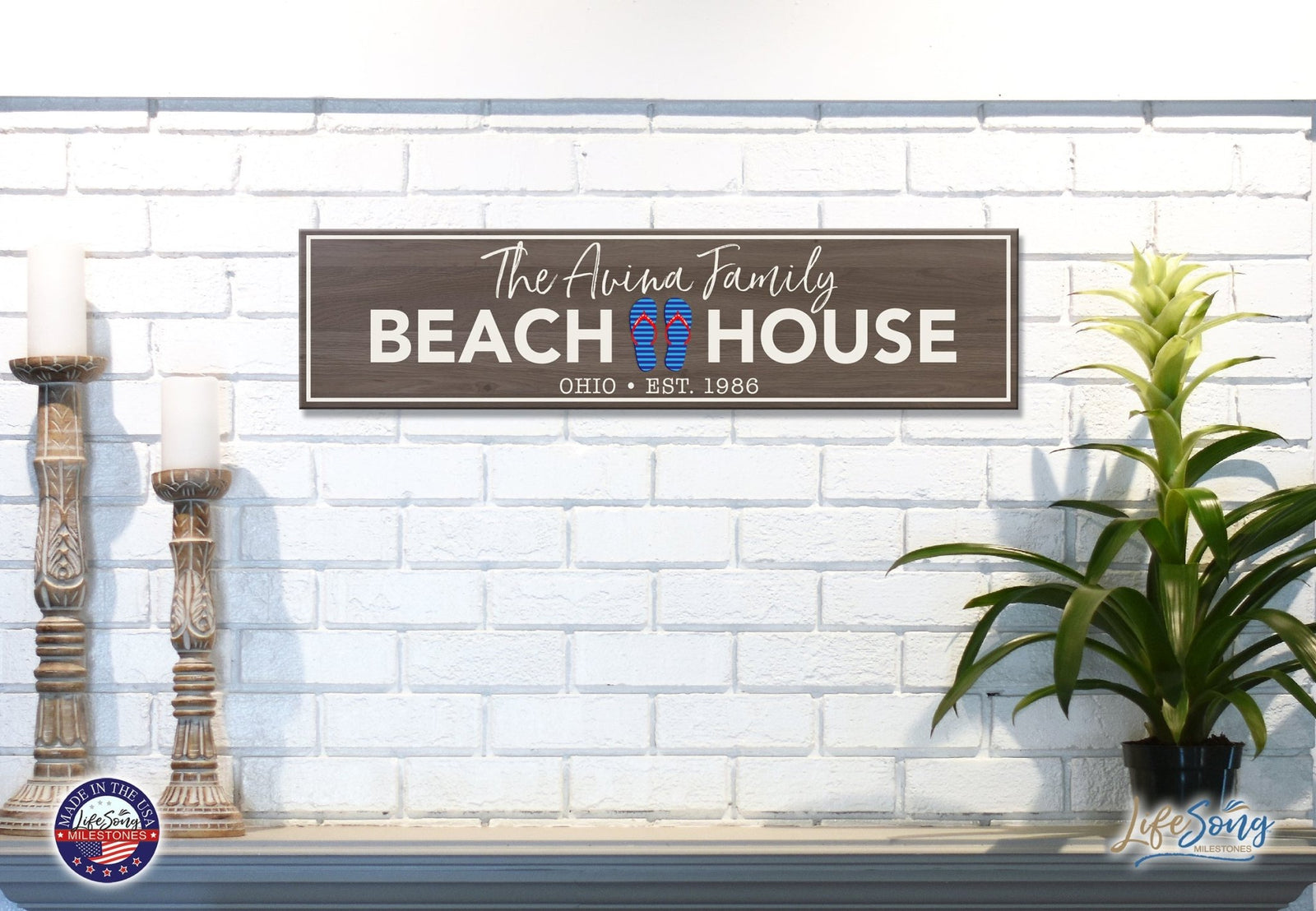 Personalized Inspirational Modern Family Beach House Wooden Wall Plaque 10x40 – Beach House (Slippers) - LifeSong Milestones