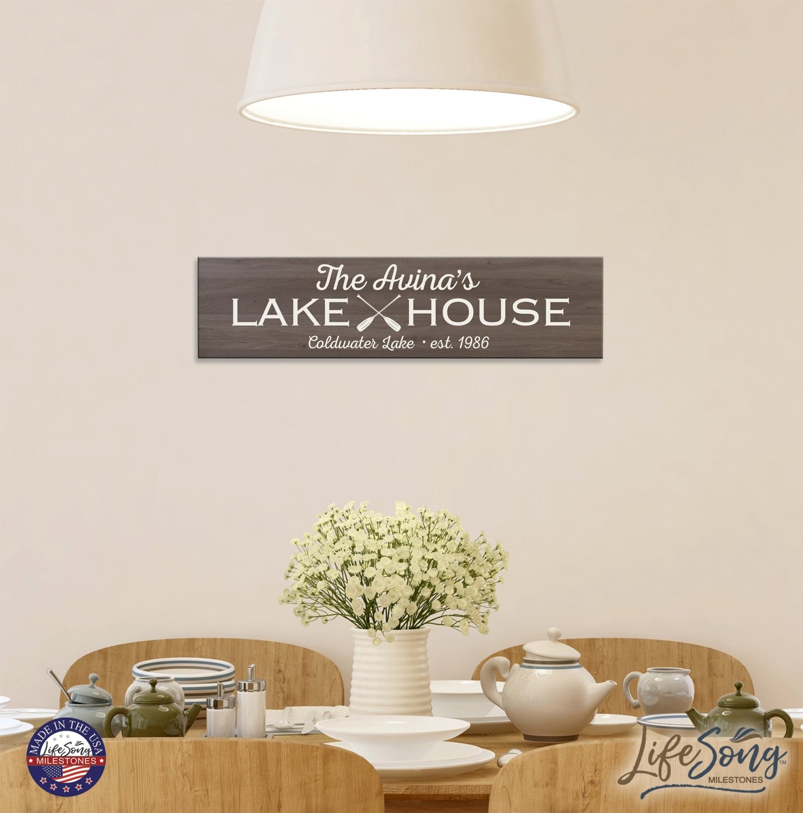Personalized Inspirational Modern Family Beach House Wooden Wall Plaque 10x40 – Lake House (Oar) - LifeSong Milestones