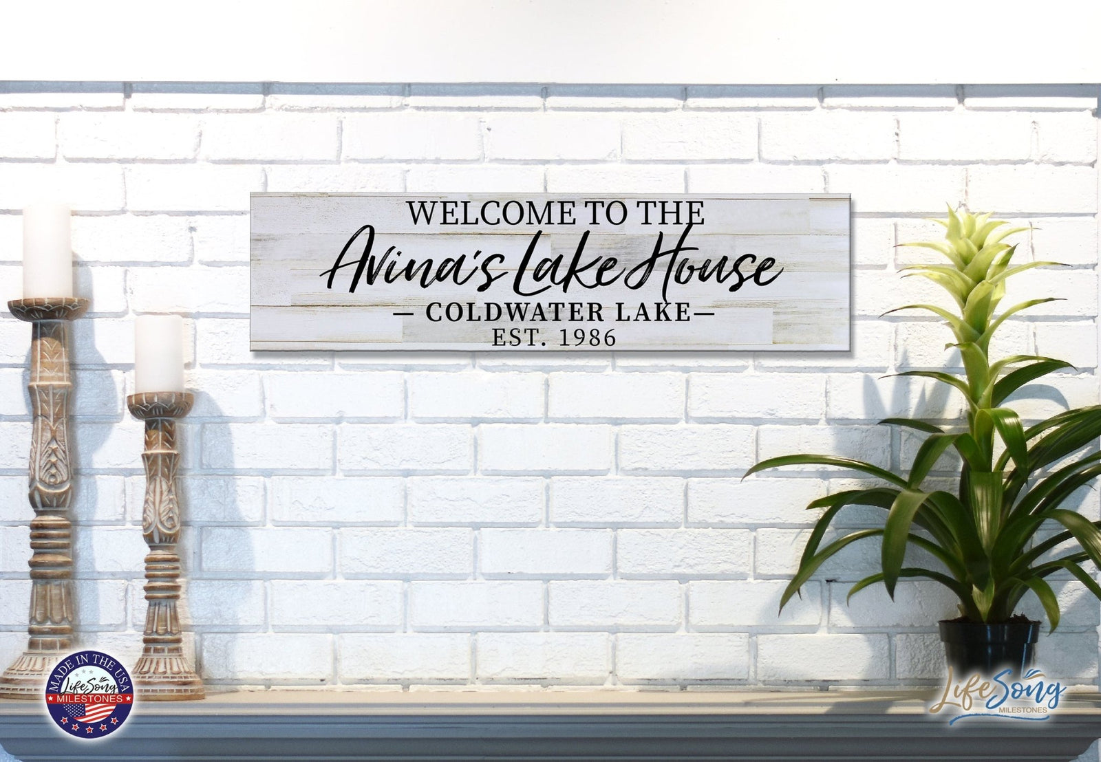 Personalized Inspirational Modern Family Beach House Wooden Wall Plaque 10x40 – Welcome To The Lake - LifeSong Milestones