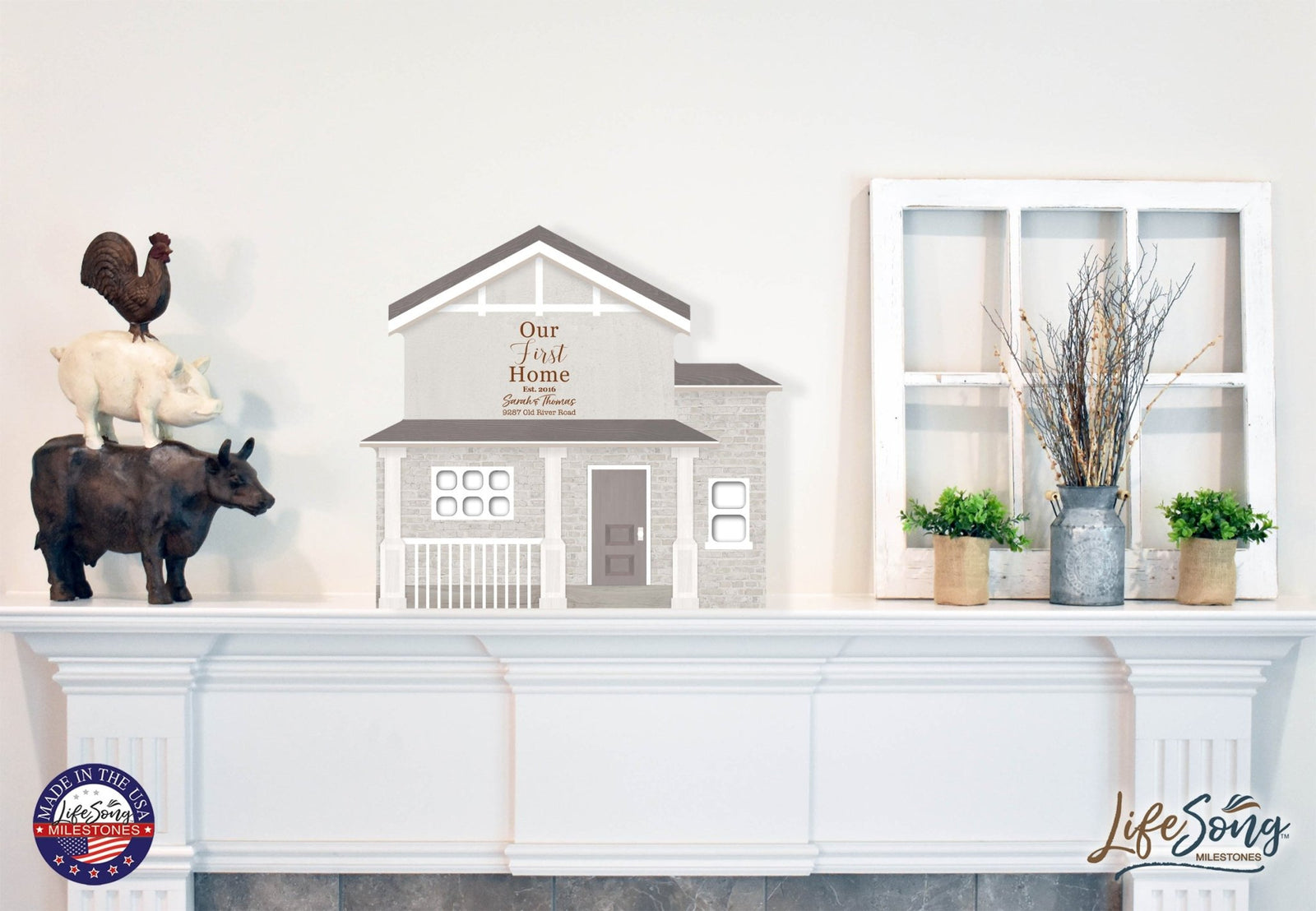 Personalized Inspirational Wooden House Shaped Table Top and Shelf Decoration with Christian and Bible Verse 7.25x8 - Our First Home - LifeSong Milestones