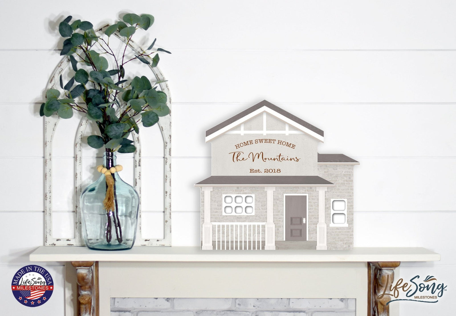 Personalized Inspirational Wooden House Shaped Table Top and Shelf Decoration with Christian and Bible Verse 7.25x8 - The Mountains - LifeSong Milestones