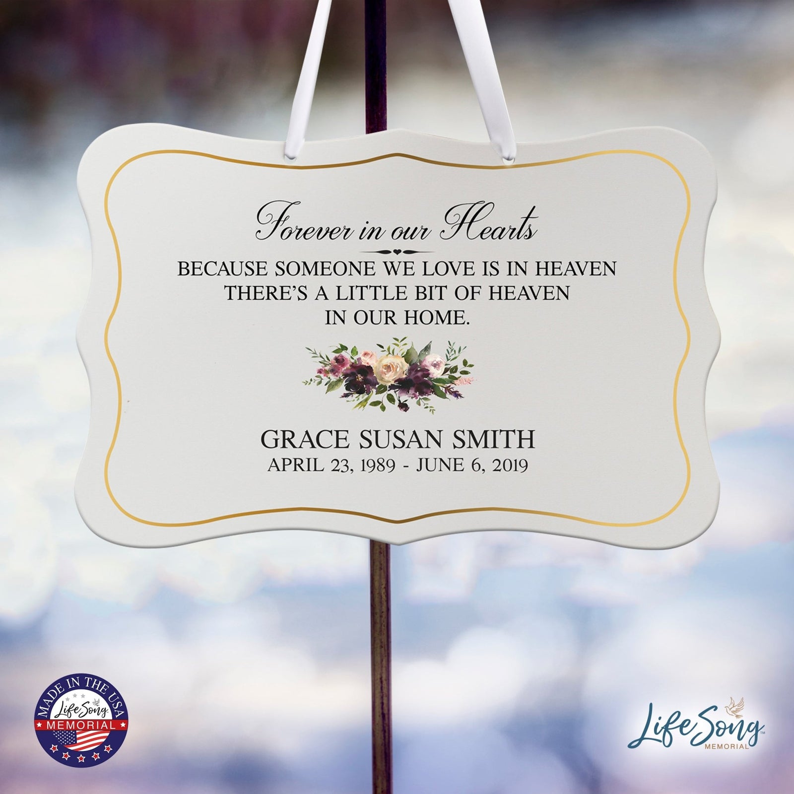 Personalized Inspiring Memorial Scalloped Ribbon Sign 8x12in - Forever in our hearts - LifeSong Milestones