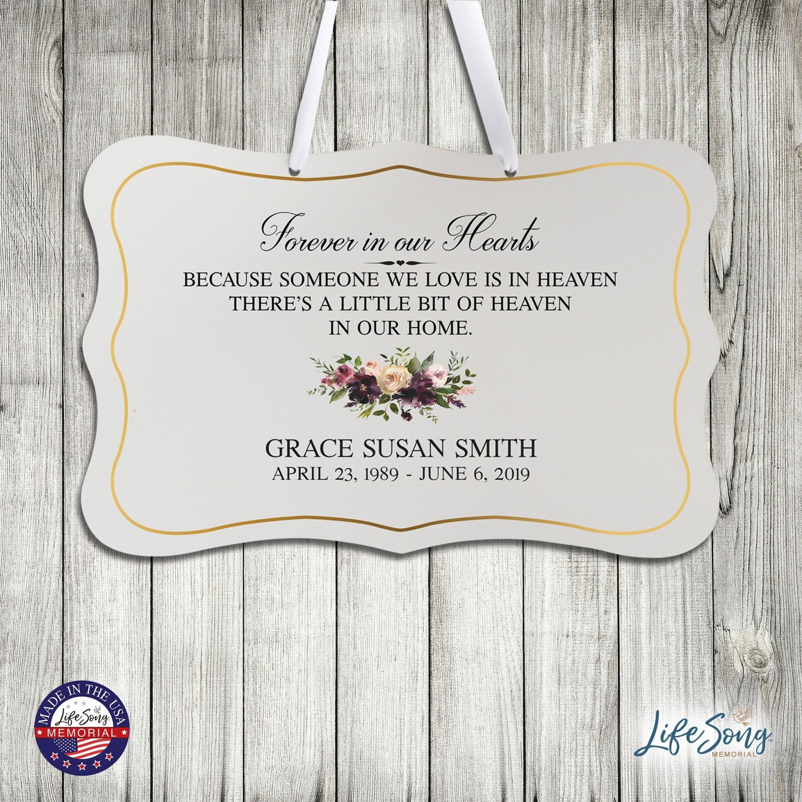 Personalized Inspiring Memorial Scalloped Ribbon Sign 8x12in - Forever in our hearts - LifeSong Milestones