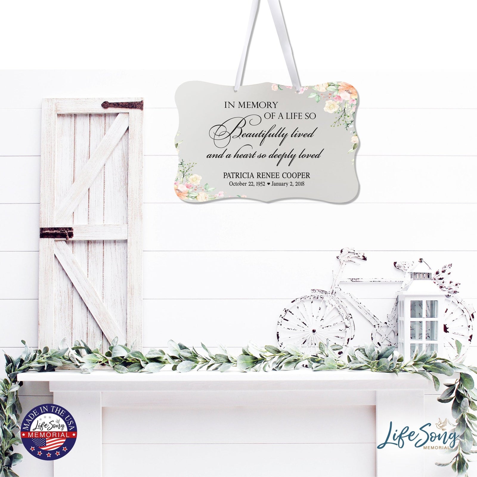 Personalized Inspiring Memorial Scalloped Ribbon Sign 8x12in - In memory of a life - LifeSong Milestones