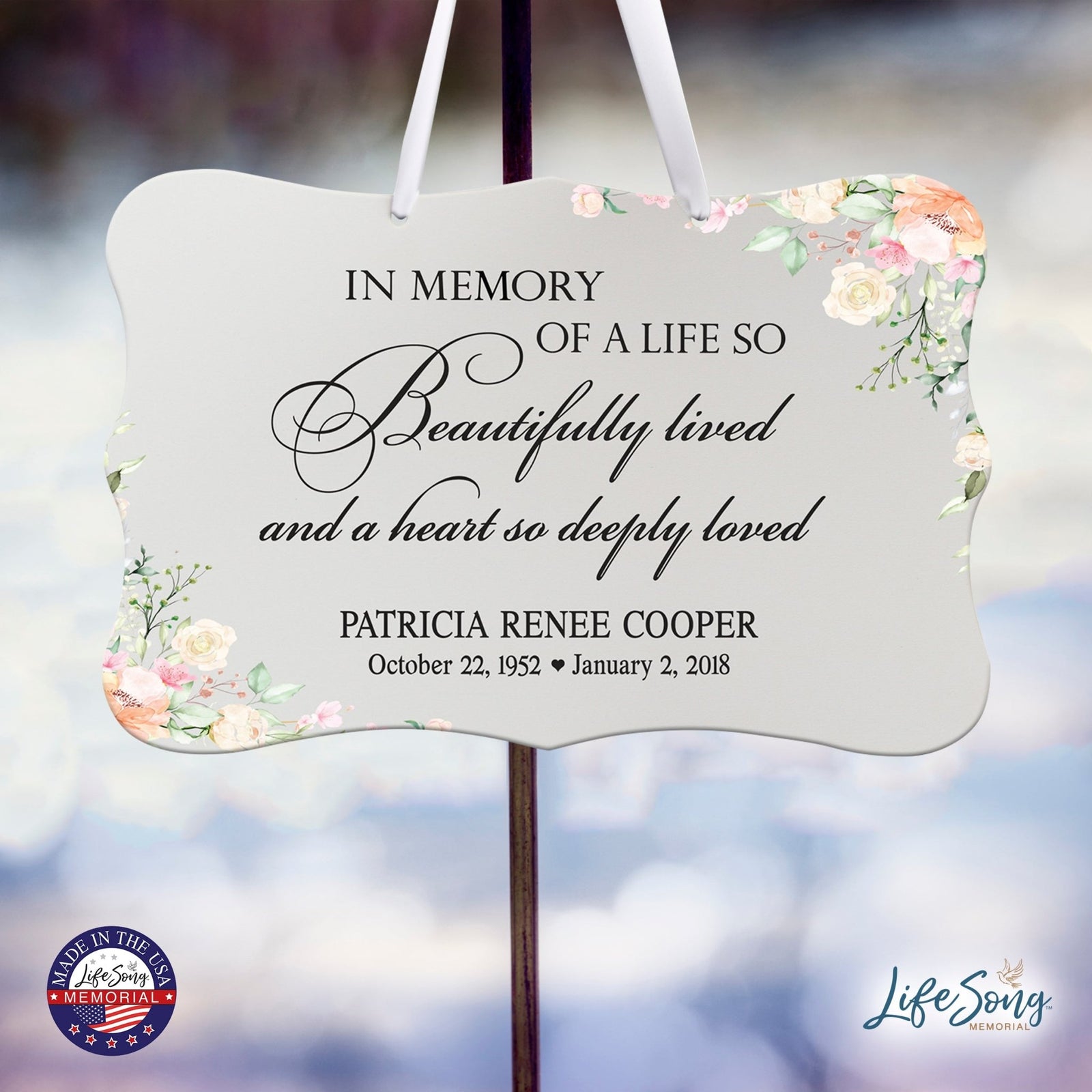 Personalized Inspiring Memorial Scalloped Ribbon Sign 8x12in - In memory of a life - LifeSong Milestones