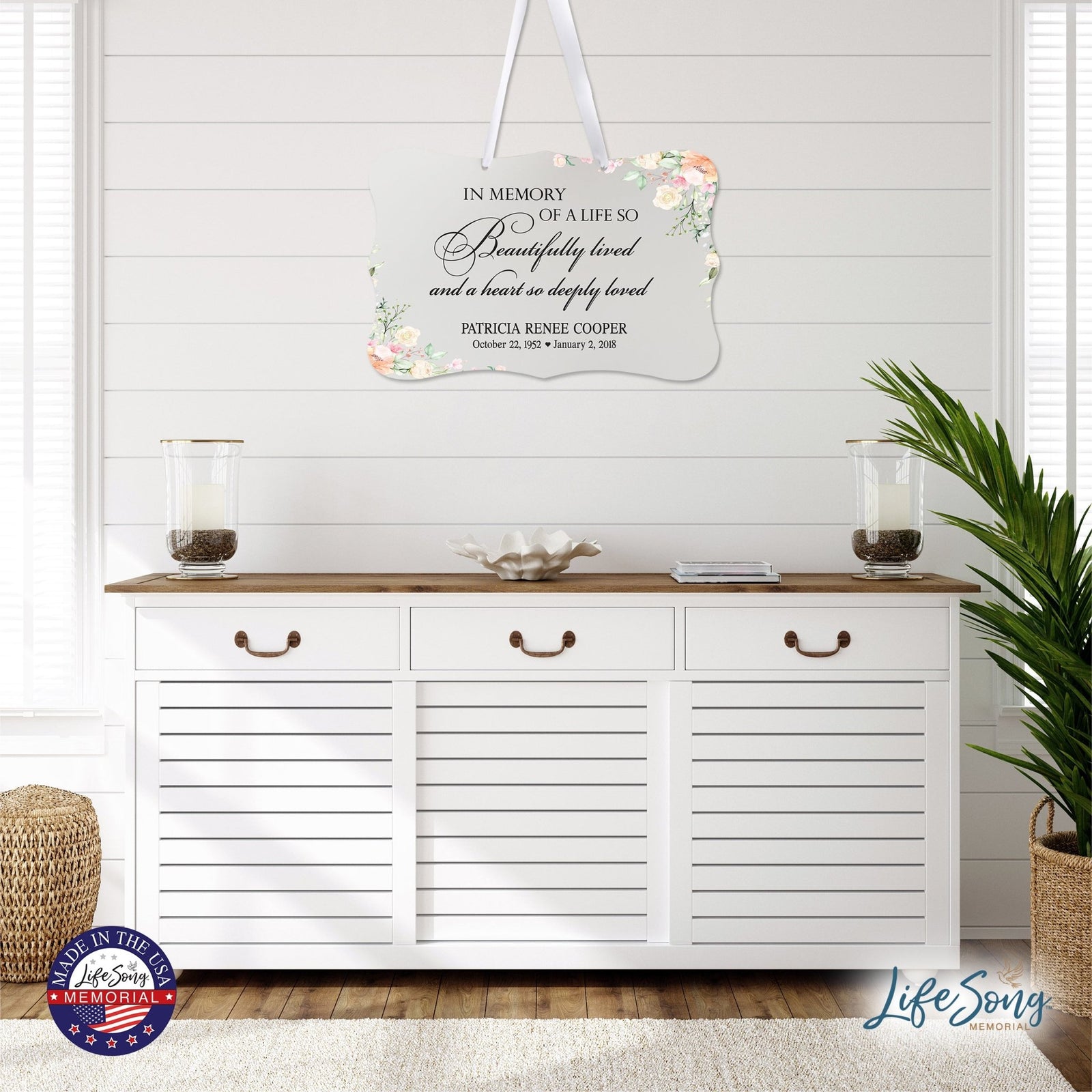 Personalized Inspiring Memorial Scalloped Ribbon Sign 8x12in - In memory of a life - LifeSong Milestones