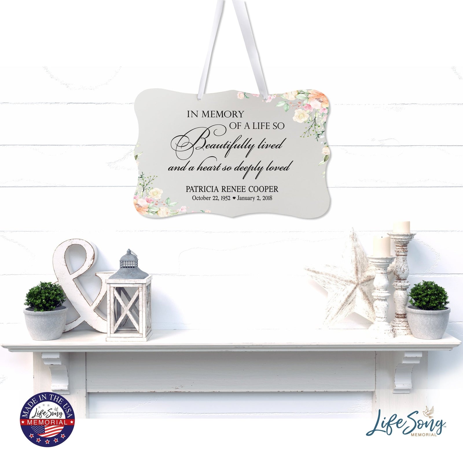 Personalized Inspiring Memorial Scalloped Ribbon Sign 8x12in - In memory of a life - LifeSong Milestones