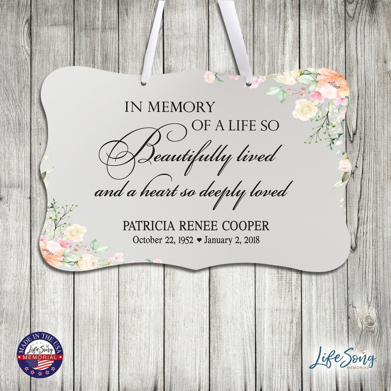 Personalized Inspiring Memorial Scalloped Ribbon Sign 8x12in - In memory of a life - LifeSong Milestones