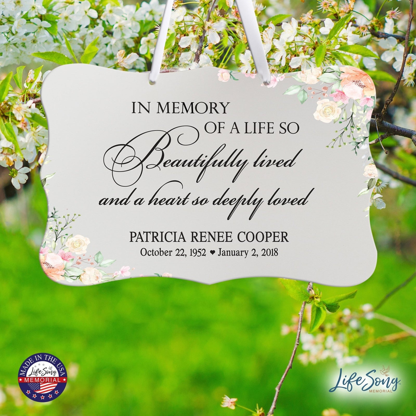 Personalized Inspiring Memorial Scalloped Ribbon Sign 8x12in - In memory of a life - LifeSong Milestones