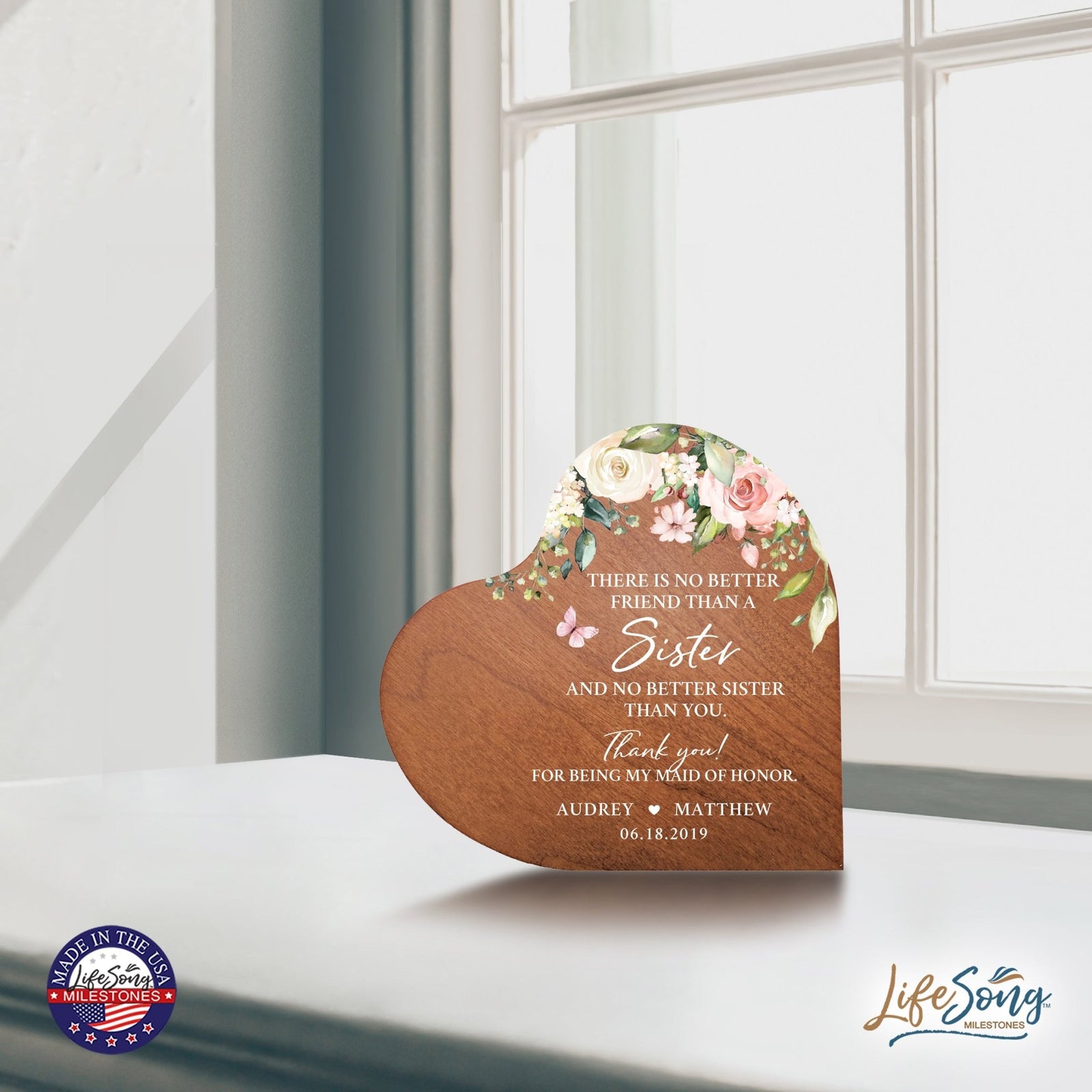 Personalized Inspiring Sister's Love Wooden Heart Block 5in Great - No Better Friend - LifeSong Milestones