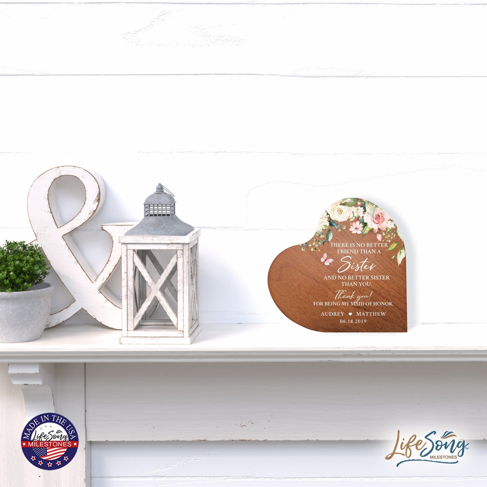 Personalized Inspiring Sister's Love Wooden Heart Block 5in Great - No Better Friend - LifeSong Milestones