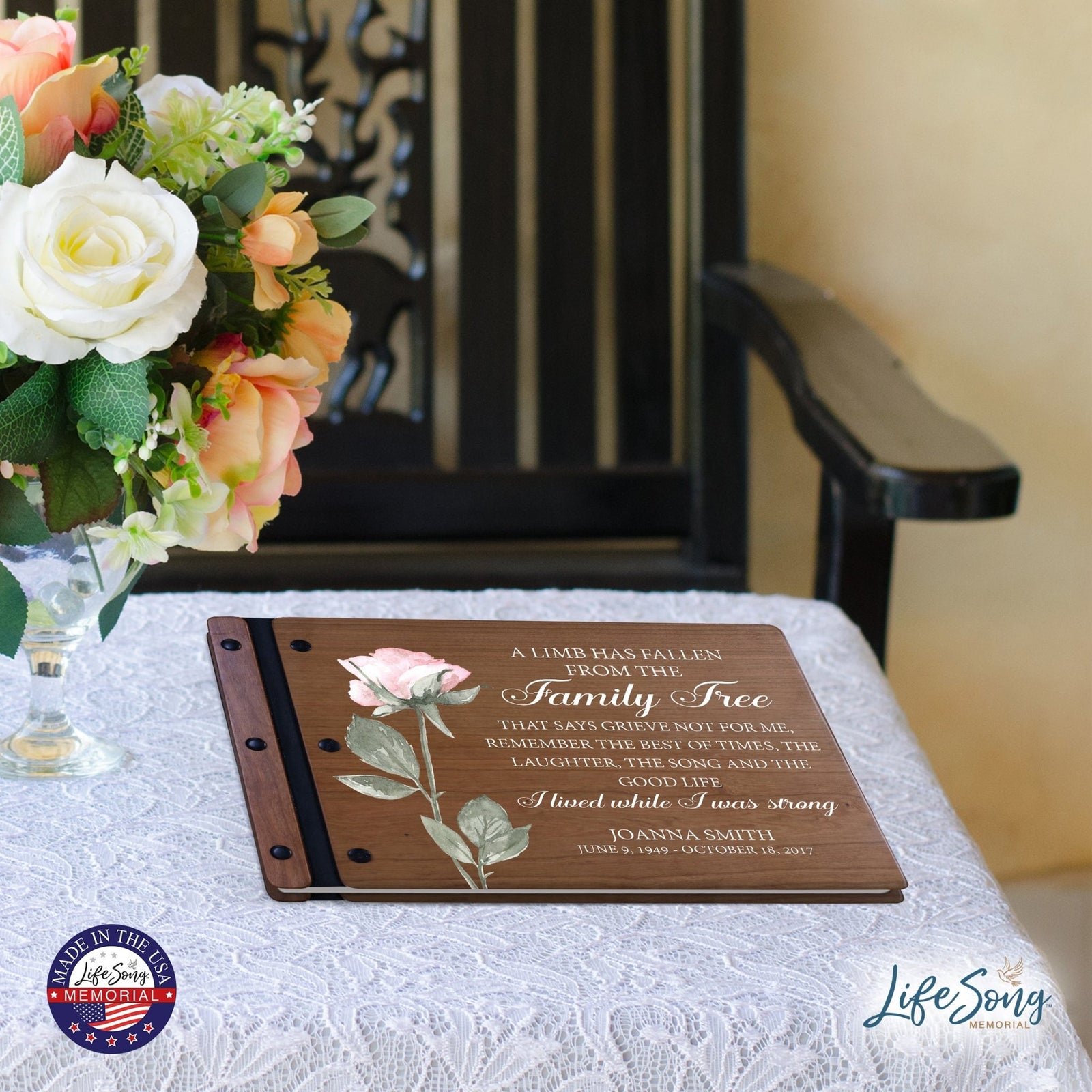 Personalized Medium Wooden Memorial Guestbook 12.375x8.5 - A Limb Has Fallen (Laughter) - LifeSong Milestones