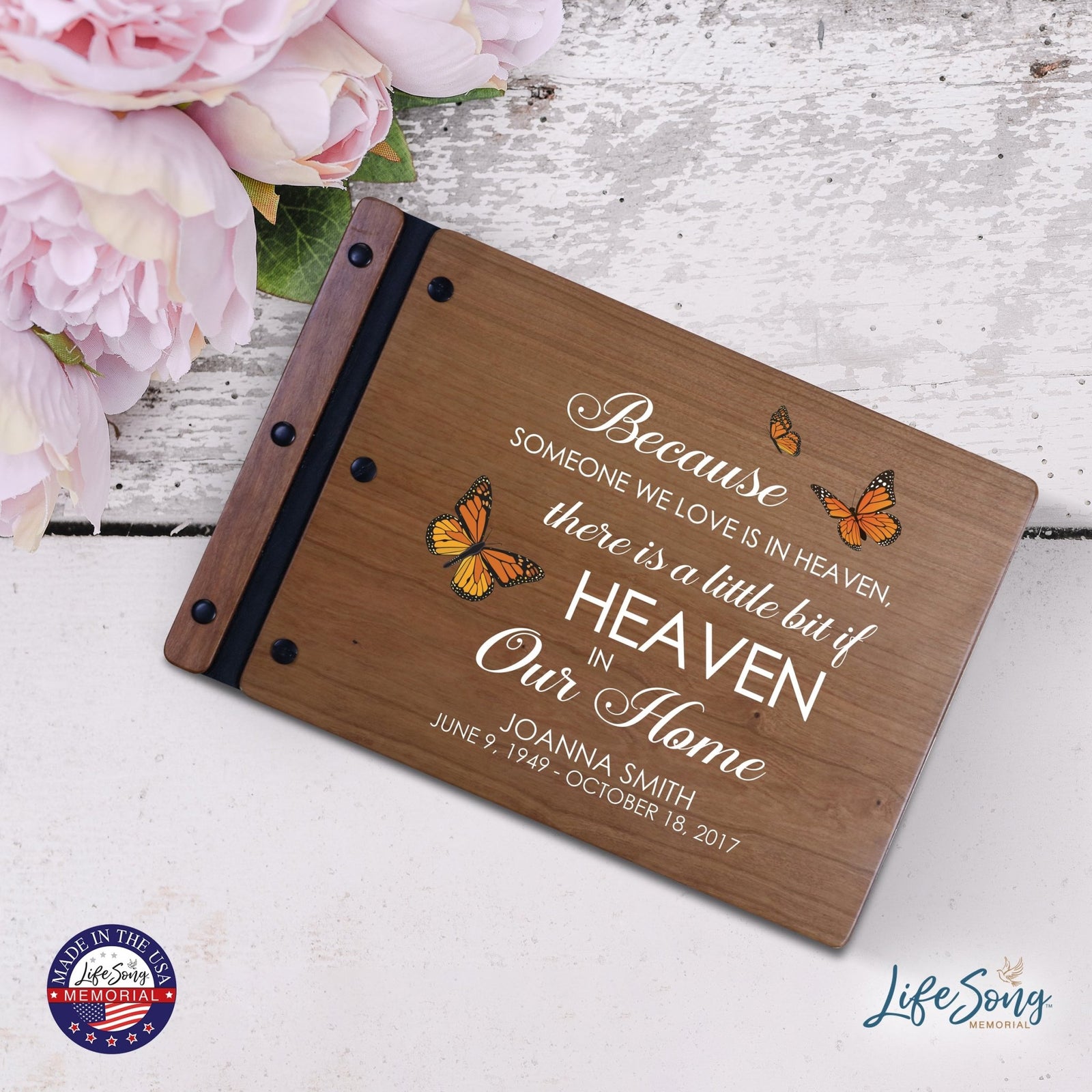Personalized Medium Wooden Memorial Guestbook 12.375x8.5 - Because Someone We Love (Cherry) - LifeSong Milestones