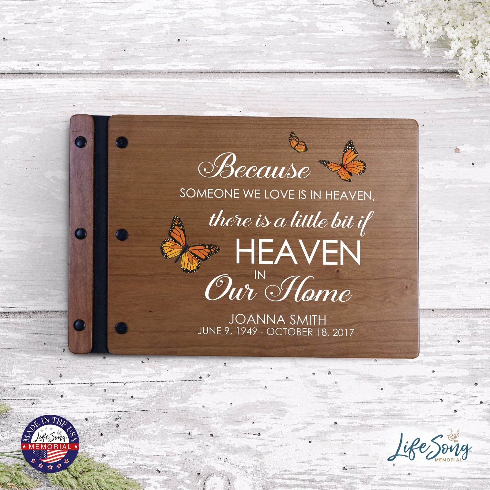 Personalized Medium Wooden Memorial Guestbook 12.375x8.5 - Because Someone We Love (Cherry) - LifeSong Milestones