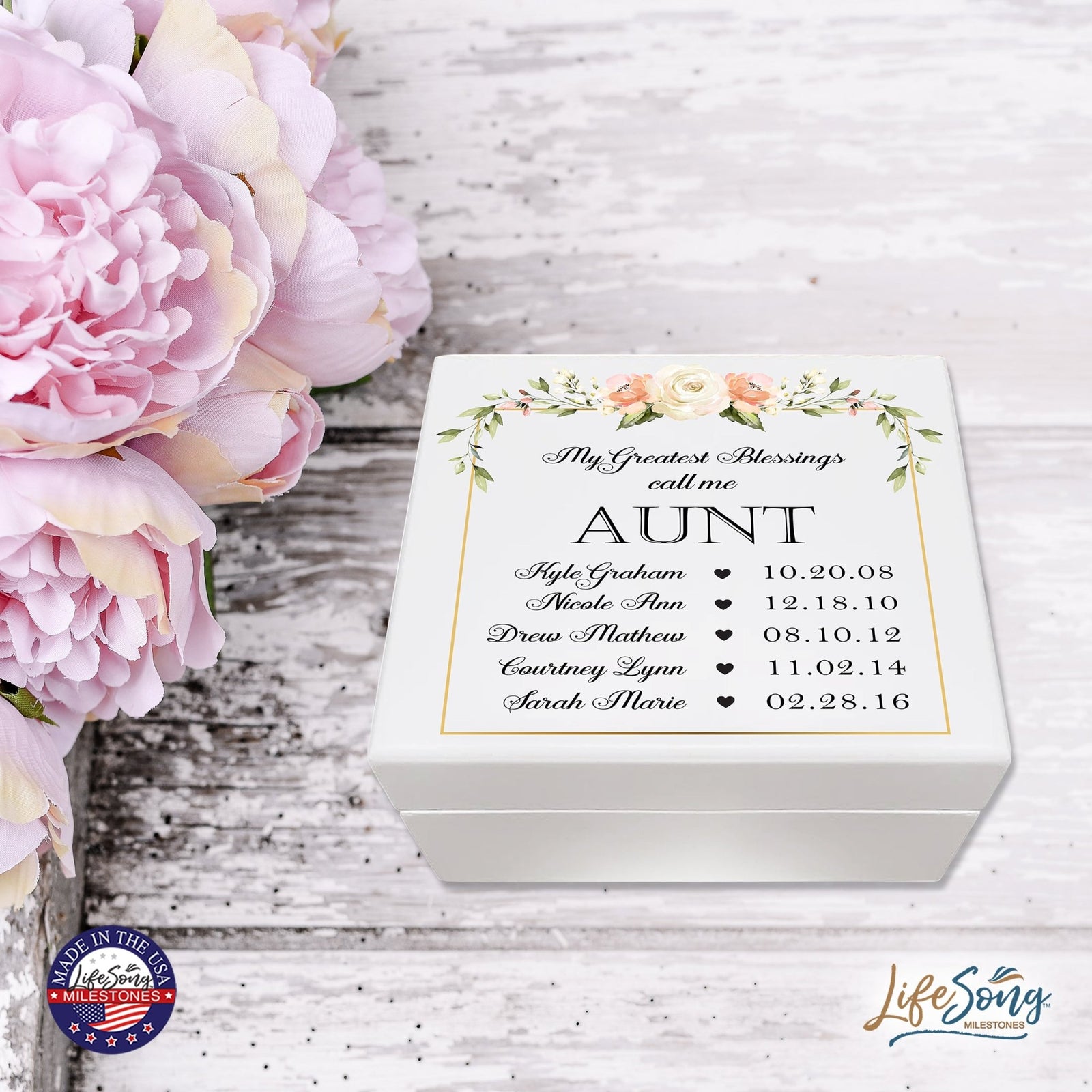 Personalized Memorable Aunt’s White Keepsake Box 6x5.5in with inspiring verse - Greatest Blessings - LifeSong Milestones