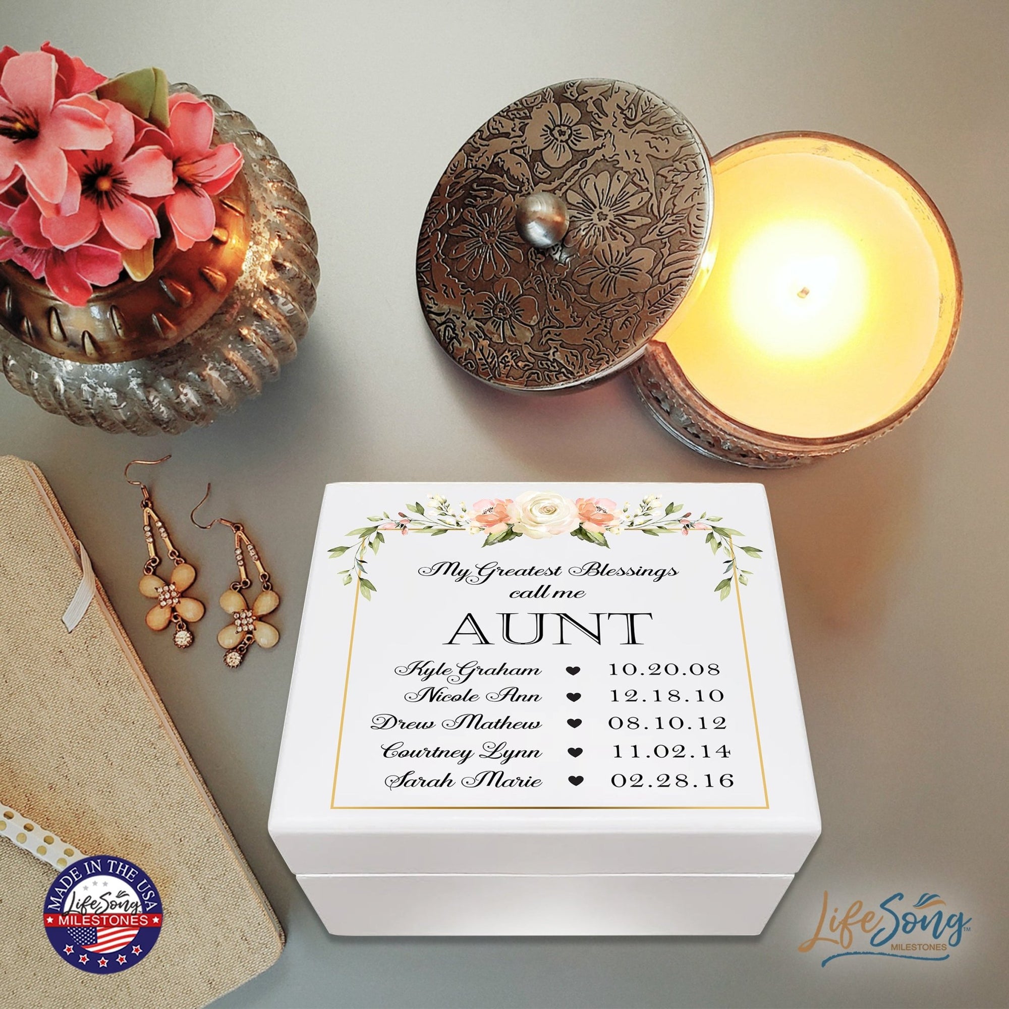 Personalized Memorable Aunt’s White Keepsake Box 6x5.5in with inspiring verse - Greatest Blessings - LifeSong Milestones