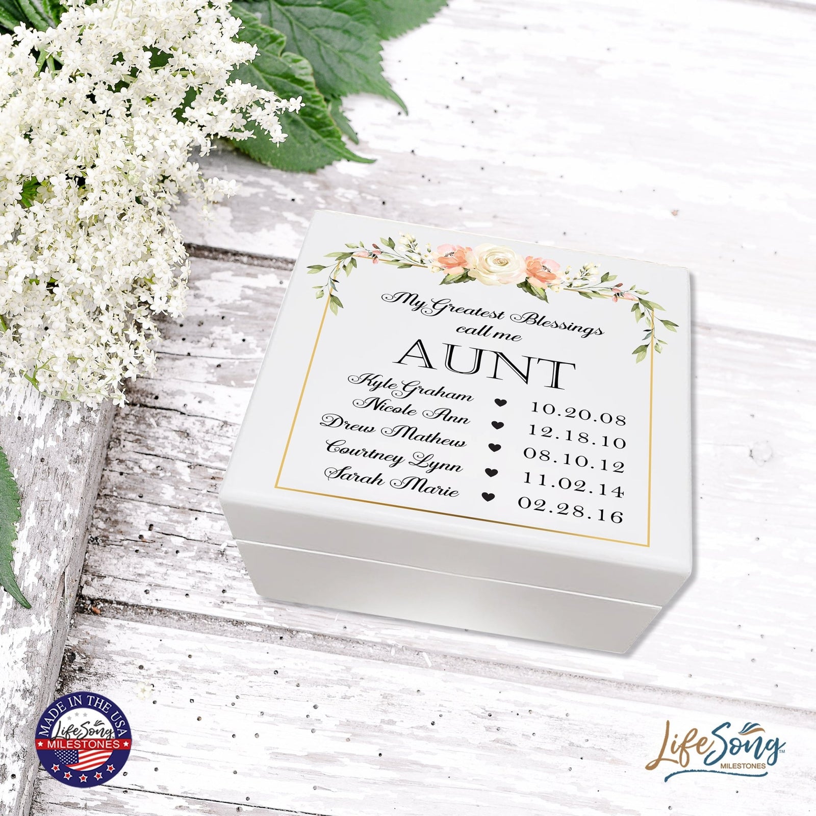 Personalized Memorable Aunt’s White Keepsake Box 6x5.5in with inspiring verse - Greatest Blessings - LifeSong Milestones
