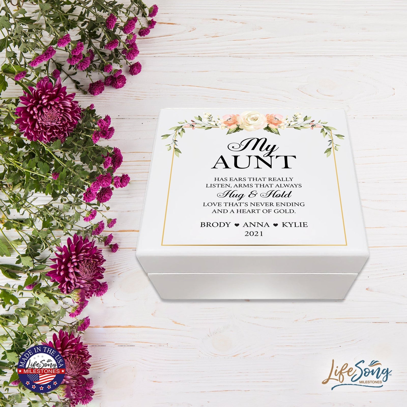 Personalized Memorable Aunt’s White Keepsake Box 6x5.5in with inspiring verse - Hug and Hold - LifeSong Milestones